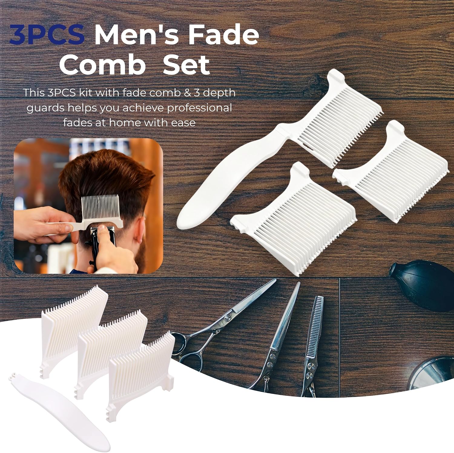 3PCS Hair Combs, Fade Comb and Styling Combs for Hair Cutting, Hair Combs for Home Hair Styling and Grooming (White)