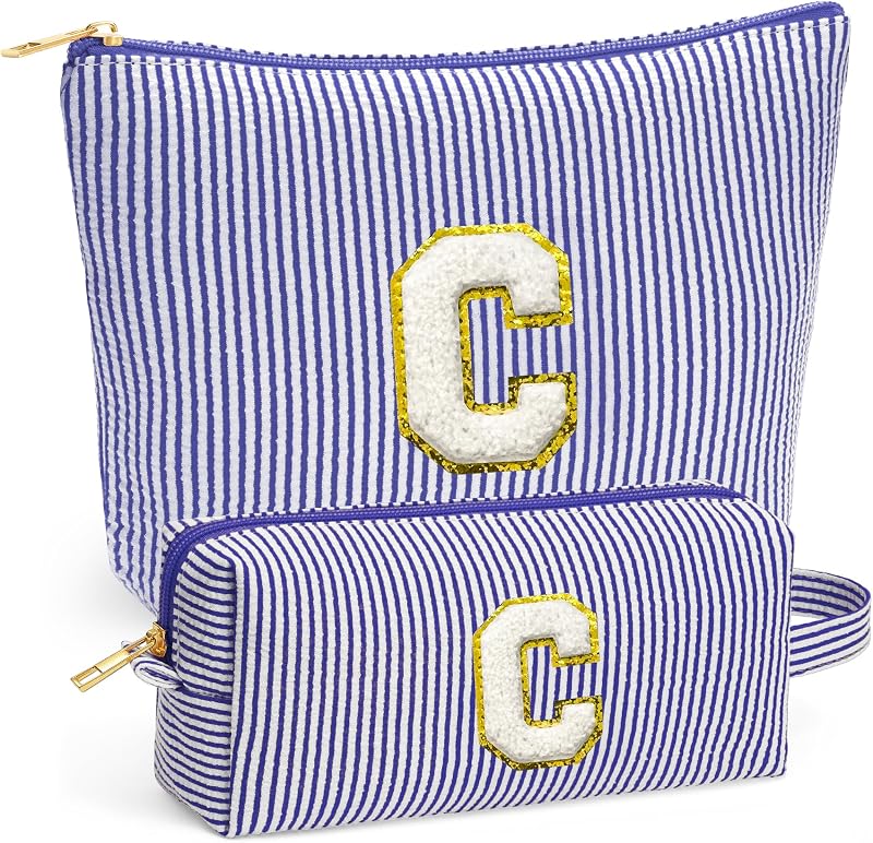 Fohufo Necessaire de maquiagem com zíper e estojo para viagem, azul, letra C, conjunto com 2