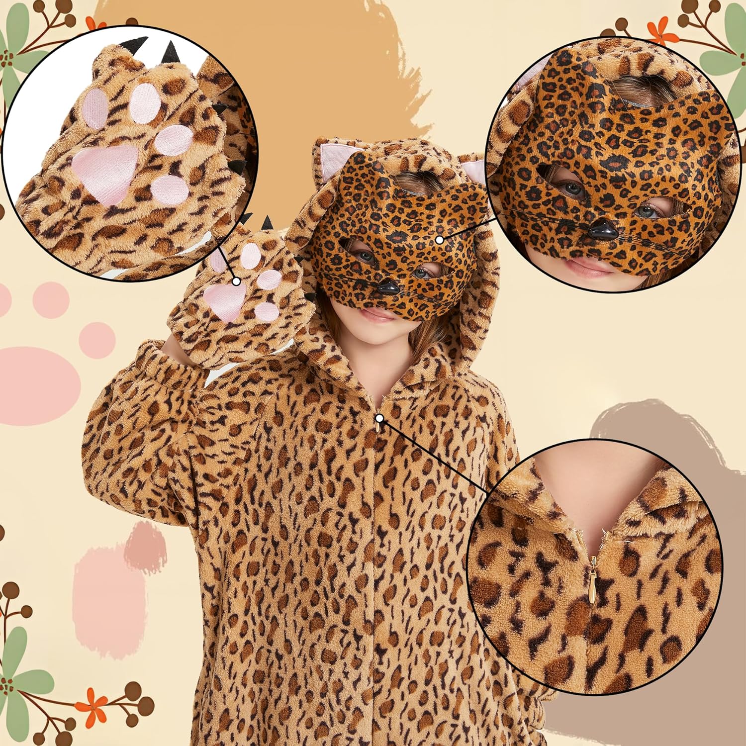 Ezuwail Cheetah Costume Kids Snow Leopard Costume Gloves Mask Cheetah Onesie Bodysuit Halloween Cosplay for Girls Boys - Image 5