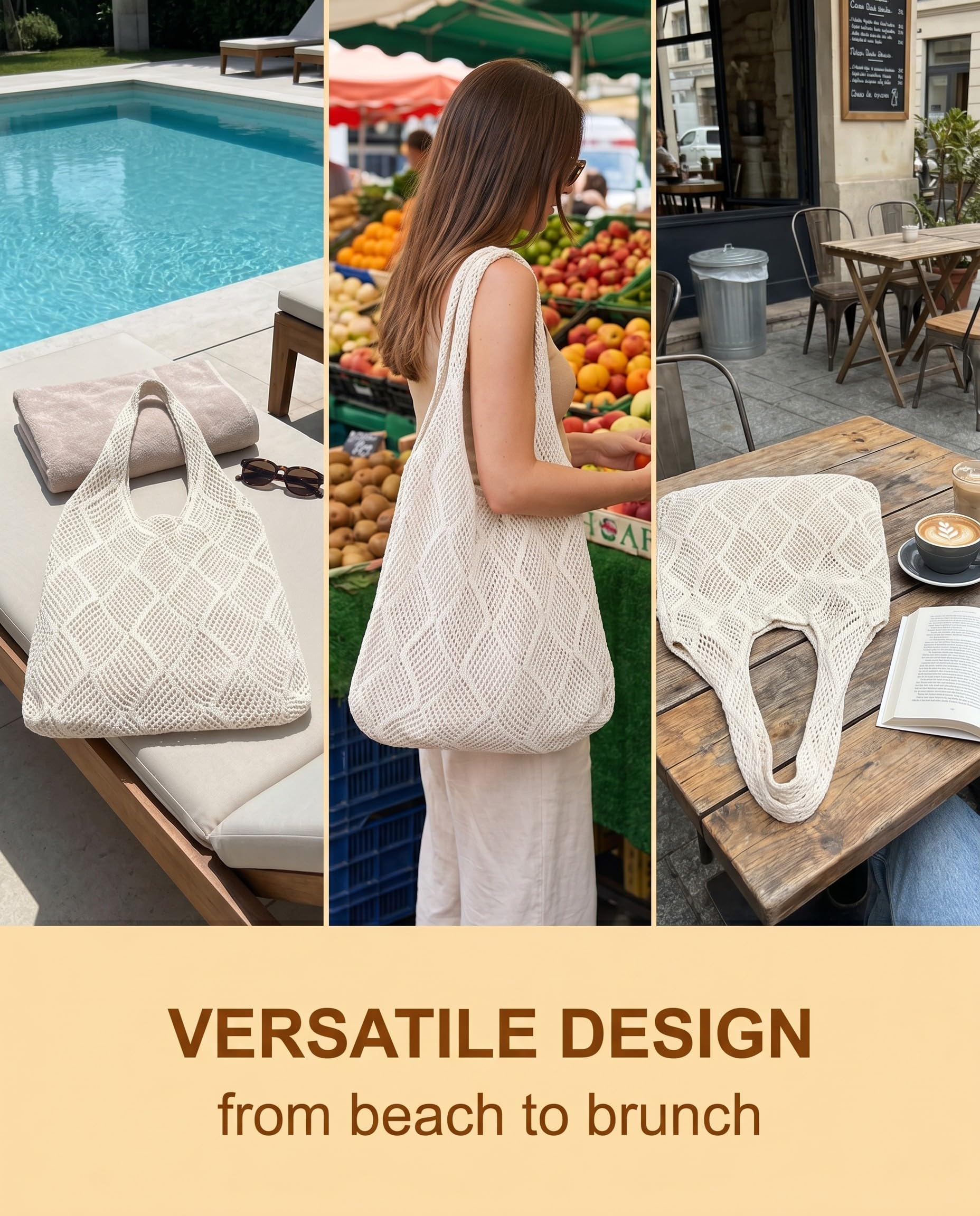 Borsa Mare Donna 1 Pezzo, All'Uncinetto Tracolla Robusta Bianco Avorio, Leggera con Rete Aperta per Svuotamento Sabbia Rapido, Vacanze Estive.