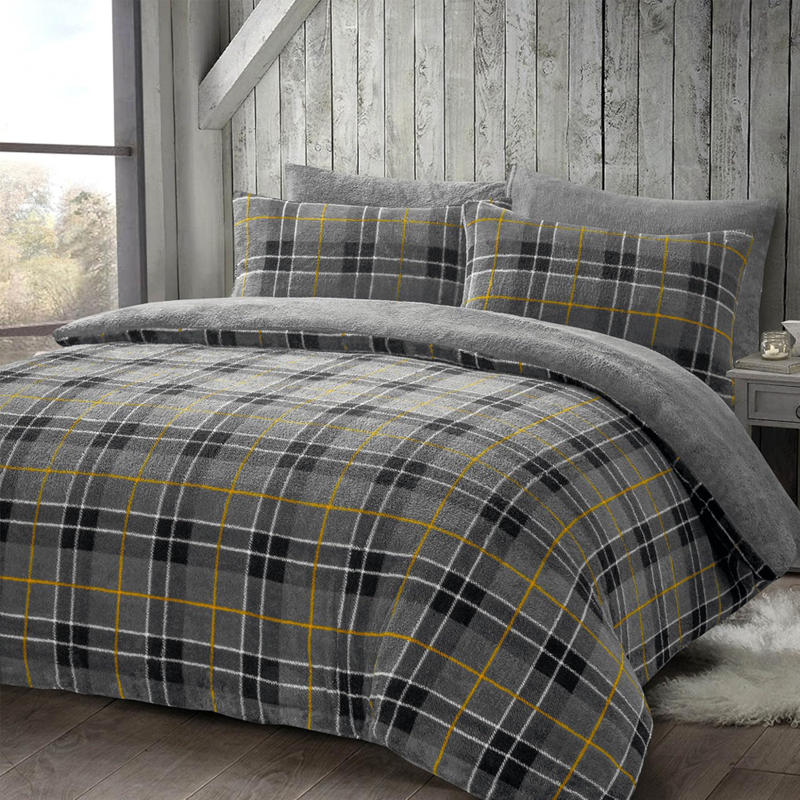 Rohi Teddy Tartan Duvet Cover King Size with Pillowcases – Ultra Soft & Cozy King Size Duvet Cover Sets Teddy Fleece - Reversible Thermal Bedding with Tartan Check Design – (King, 220cm x 230)