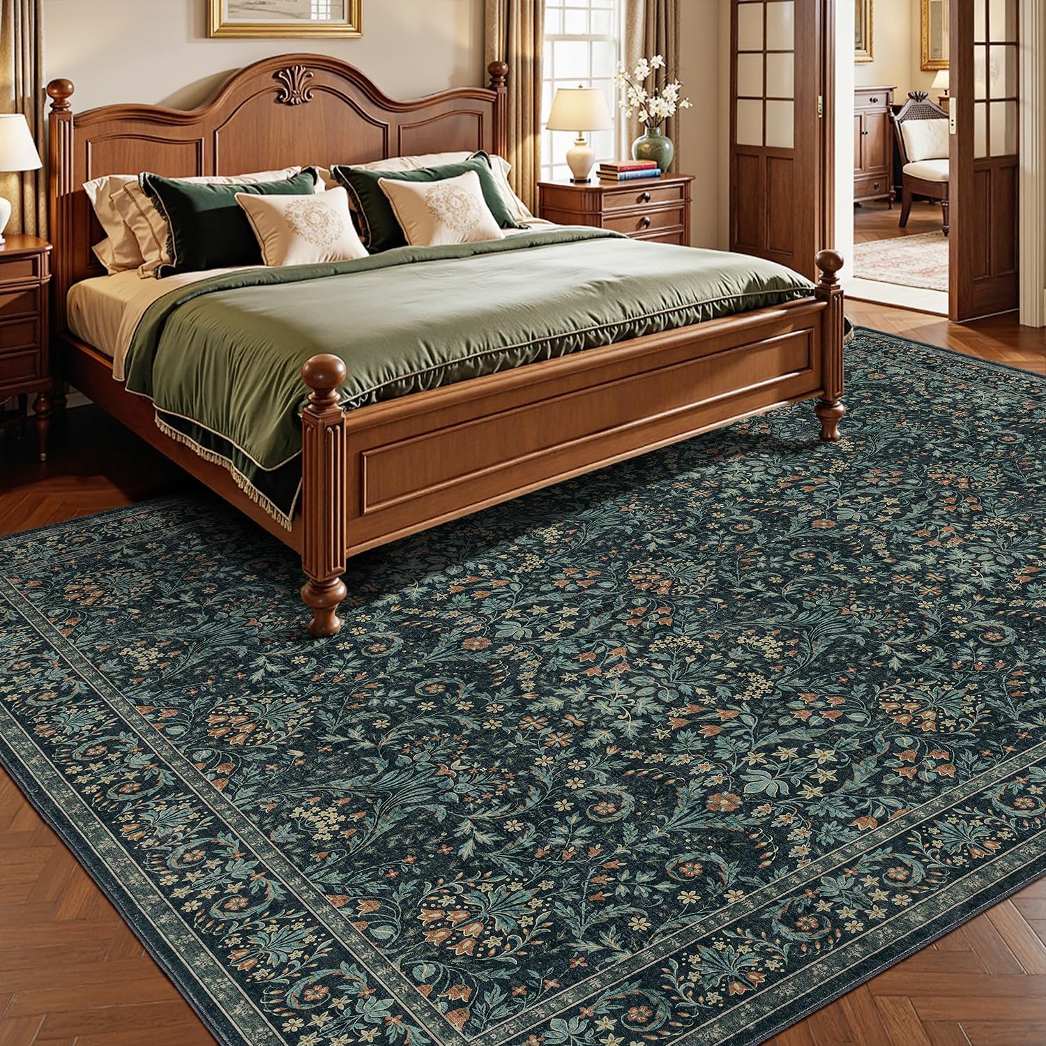 Woaboy Washable 8x10 Area Rug for Living Room Bedroom Dining Room Under Kitchen Table,Non-Slip Low Pile Stain Resistant Soft Large Carpet for Vintage Floral Oriental Home Decor Dark Green/Navy/Black 8' x 10' (Rectangular) Dark Green