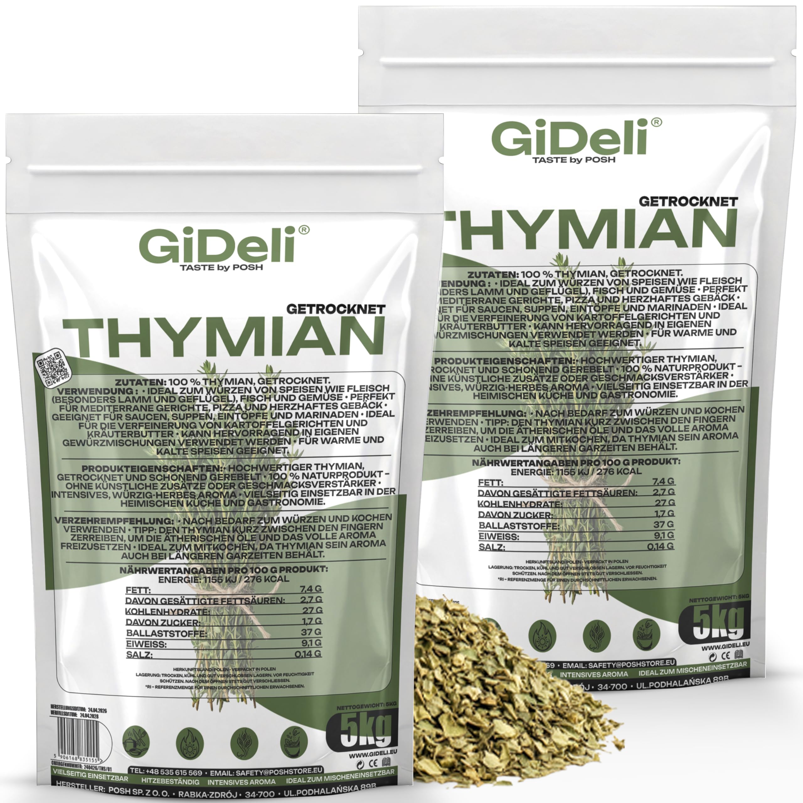 GiDeli Thymian Getrocknet 2x5kg - 100% Naturprodukt ohne Zusätze - Schonend Gerebelt mit Intensivem Aroma - Hitzebeständig zum Mitkochen - Ideal für Fleisch, Pizza, Suppen & Mediterrane Gerichte