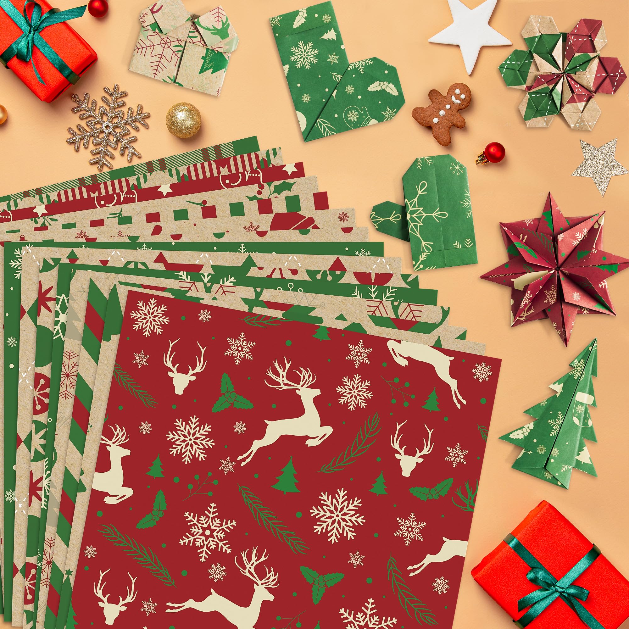 JAPBOR 60 Blatt Weihnachtsmusterpapier, Frohe Weihnachten Scrapbook Papiere, doppelseitig, grün rot Xmas Origami Handwerk Wrapping Decoupage-Papier für DIY Herstellung Karte Party Geschenktüten