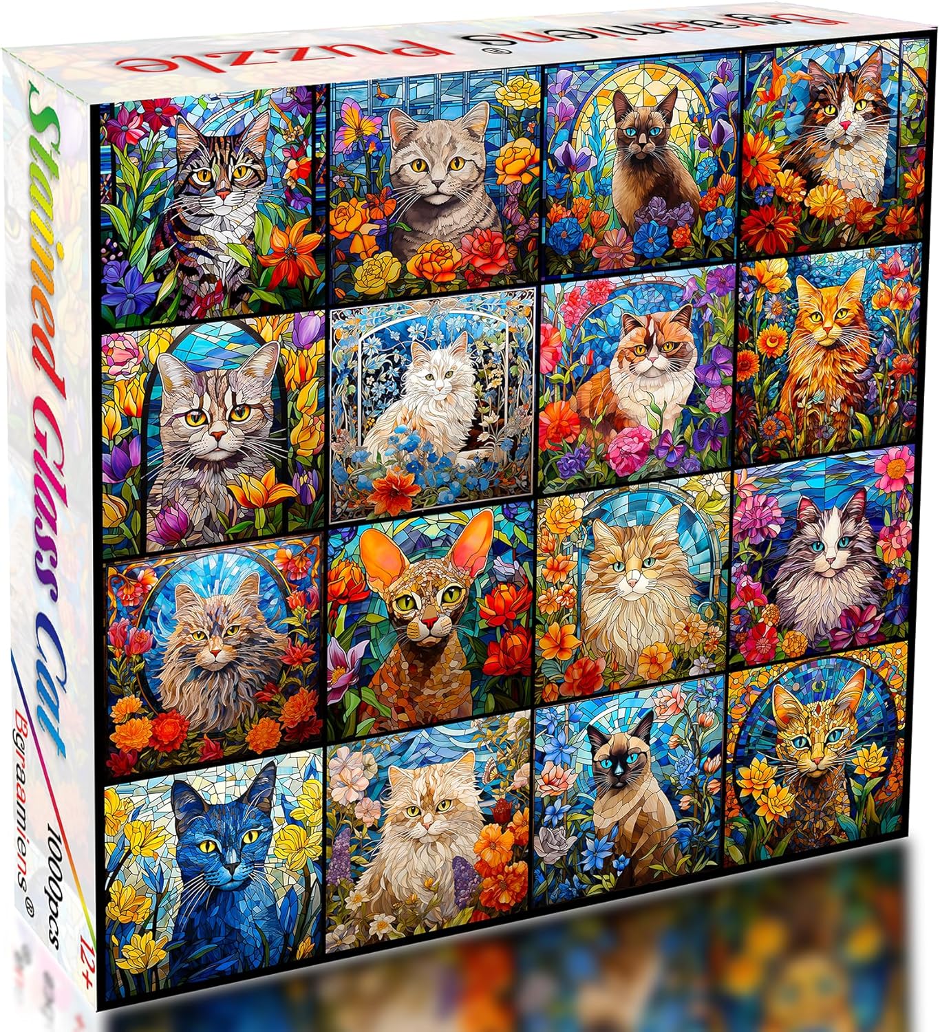 Bgraamiens Puzzle- Stained Glass Puzzle Cat Puzzles for Adults 1000 Pieces, Colorful Kitten Collage Puzzles 1000 Pieces,Challenging Jigsaw Puzzles for Adults