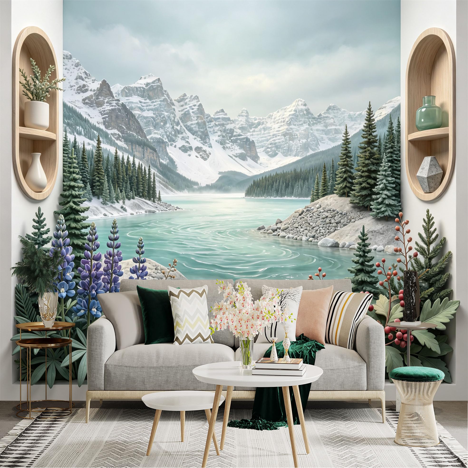 Lnzczhyre Bh260719087 Custom Size Wall Sticker Mural， Scenic Alpine Lake View， Snow Capped Mountains， Lush Pine Forests， Springtime Wildflowers， For Wall Decoration， Peelandstick Wall Decals.