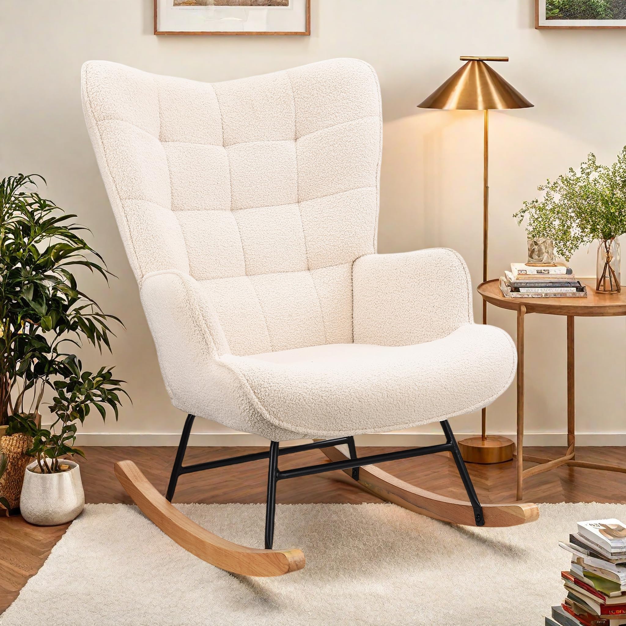 FEEOHOME Fauteuil à Bascule, Chaise à Bascule, Fauteuil Allaitement Chambre Bebe, Rocking Chair Allaitement, Velours Teddy pour Chambre à Coucher et Salon, Dossier à Carreaux