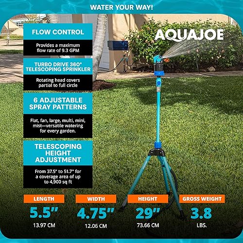 Miniatura 3 de Aqua Joe Aspersor telescópico y rociador con 6 patrones de pulverización, base de trípode de metal y válvula de control de flujo, cobertura máxima