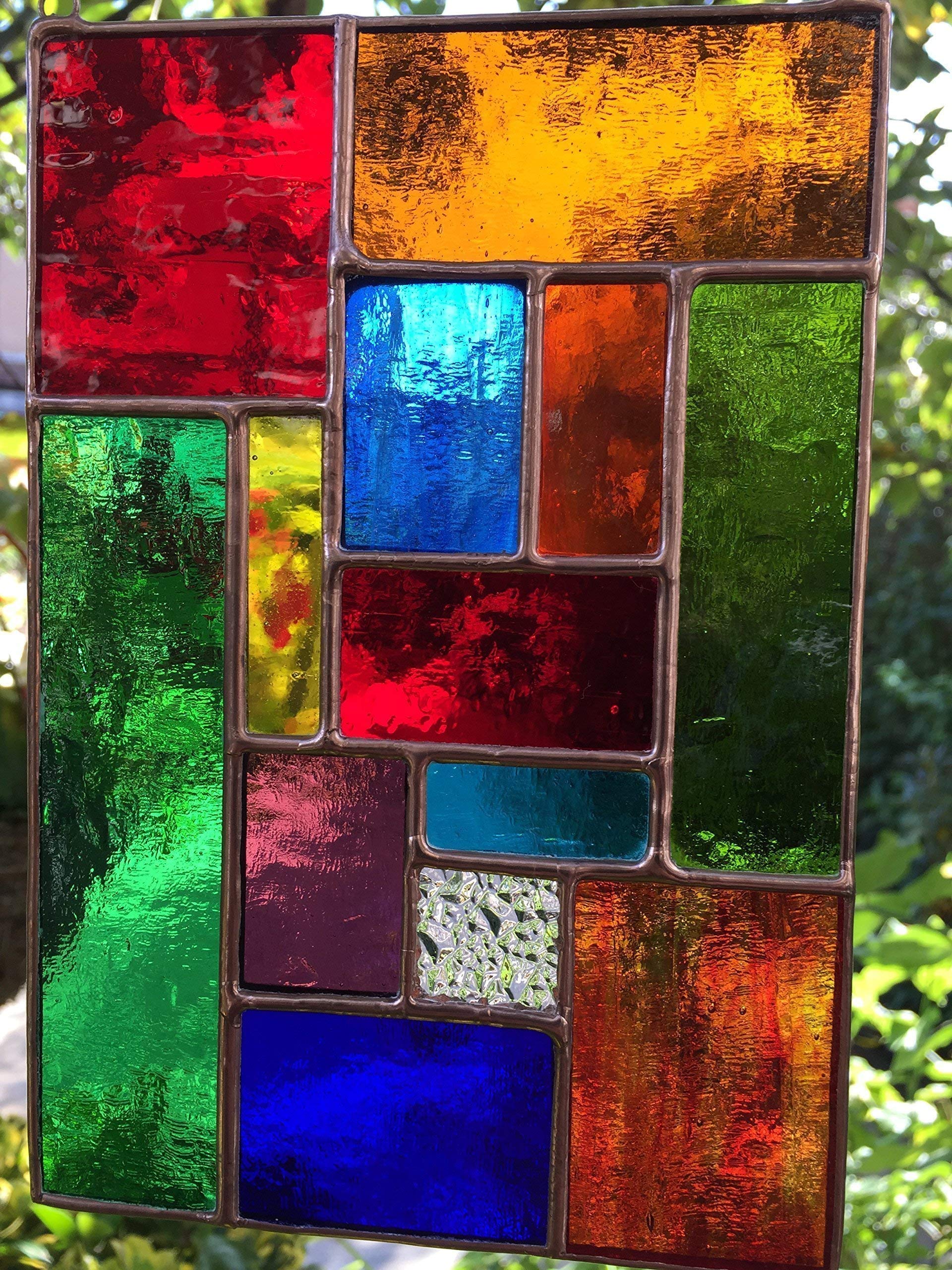 Pannello acchiappasole in vetro colorato, arte astratta in rame multicolore
