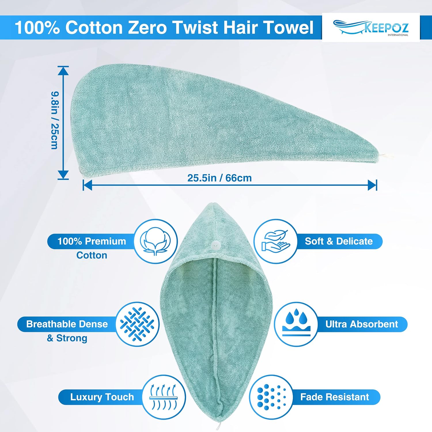 KEEPOZ Zero Twist 100% Cotton Terrycloth Hair Turban, Rapid Drying Towel with Button and Elastic Strap, Anti Frizz Cap for Long Thick Hair (Ocean Green)