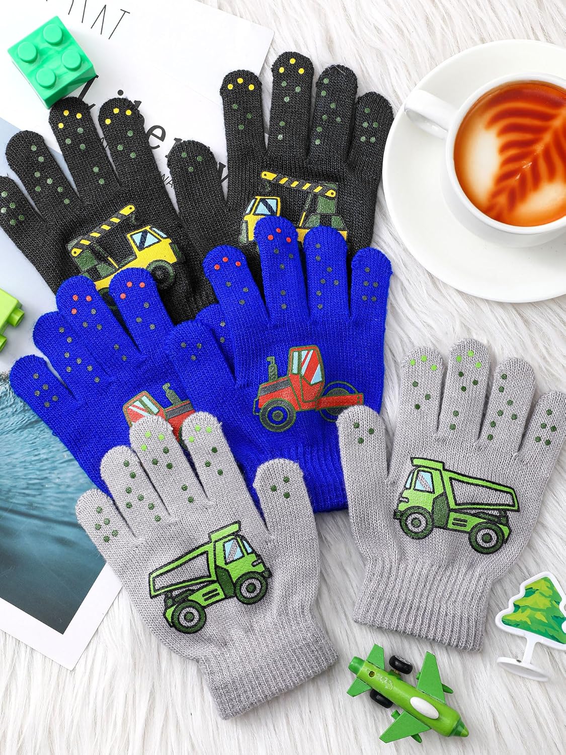 Geyoga 3 Pairs Winter Gloves Kids Car Style Winter Knitted Warm Gloves Full Finger Kids Mittens for Aged 4-10 Years - Image 7