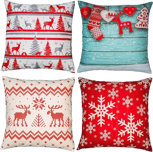 Fundas de almohada navideñas de 16 x 16 pulgadas, decoraciones navideñas, juego de 4, fundas de almohada con diseño de ciervo de Feliz Navidad para