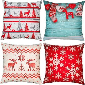 Christmas Throw Pillow Covers 16x16, Christmas Decorations, Set of 4, Merry Christmas Deer Pillow Covers, Pillow Case for Sofa, The Barca