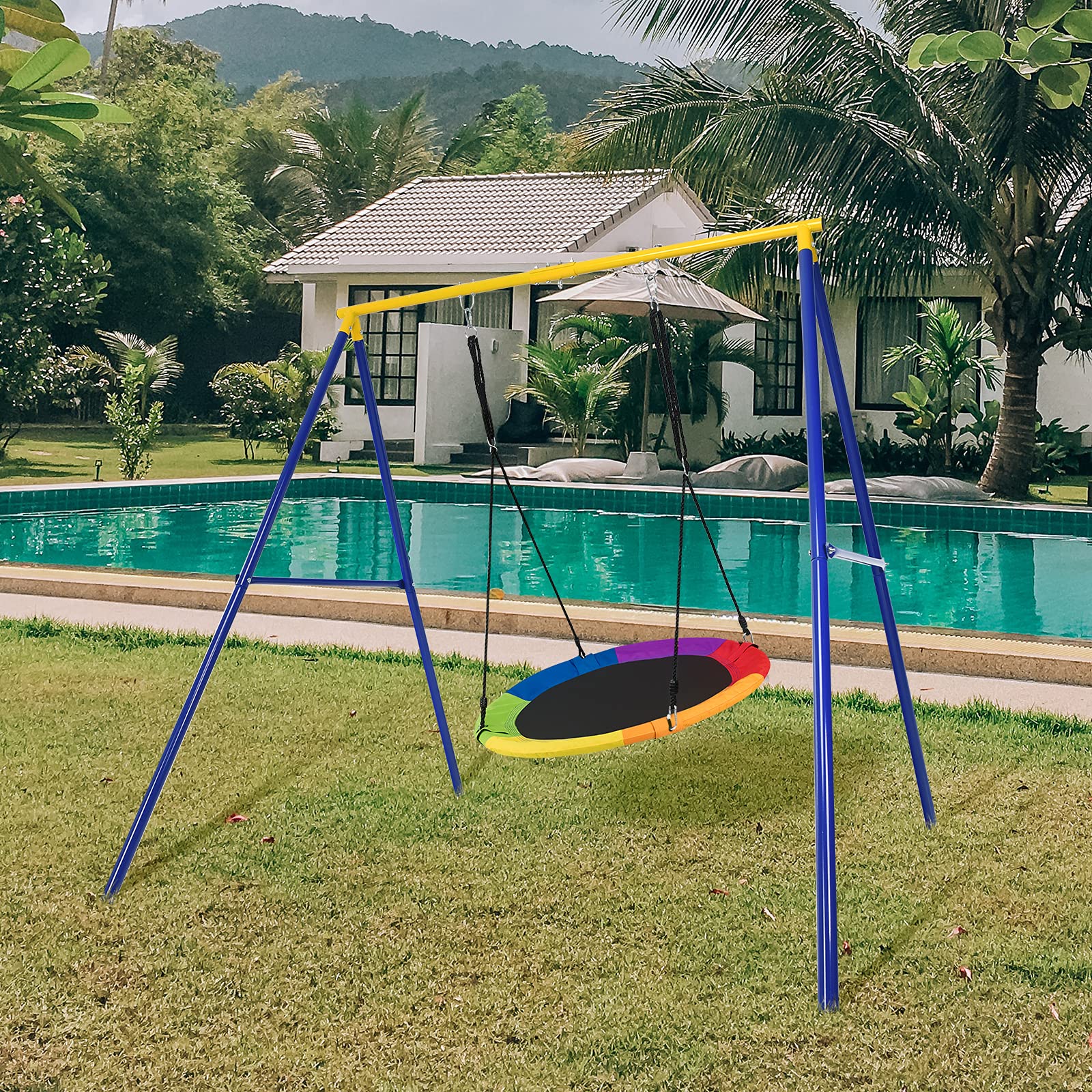 COSTWAY Supporto per Altalena Bambini, Base da Altalena per Bambini in Metallo, Strattura per Altalena da Giardino, Portata 200 kg (Blu e Giallo)