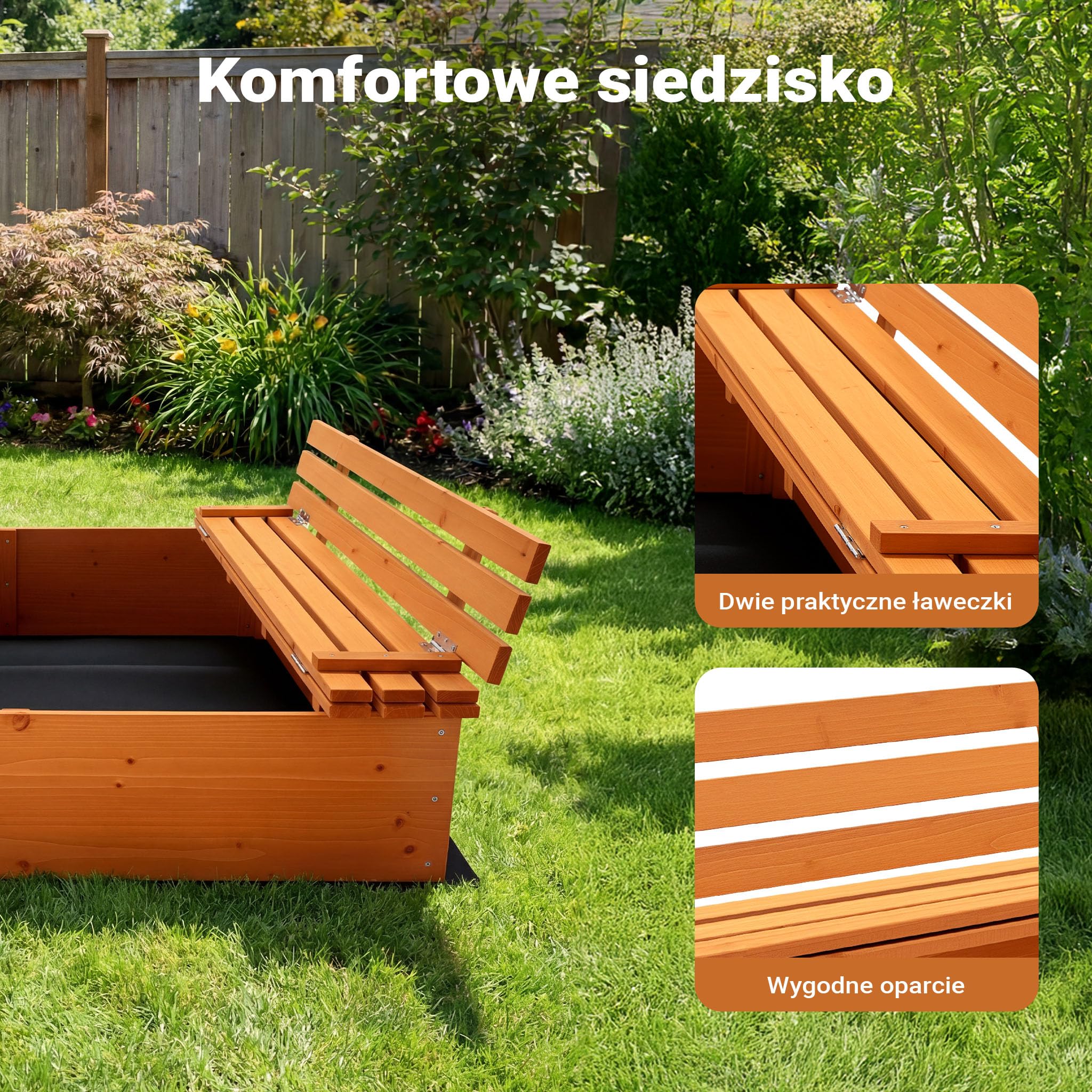 Wiltec Drewniana piaskownica z zamykaną pokrywą i ławeczkami 98 x 98 x 21 cm do ogrodu dla dzieci, trwałe zamykane miejsce do piasku w ogrodzie dla zabawy