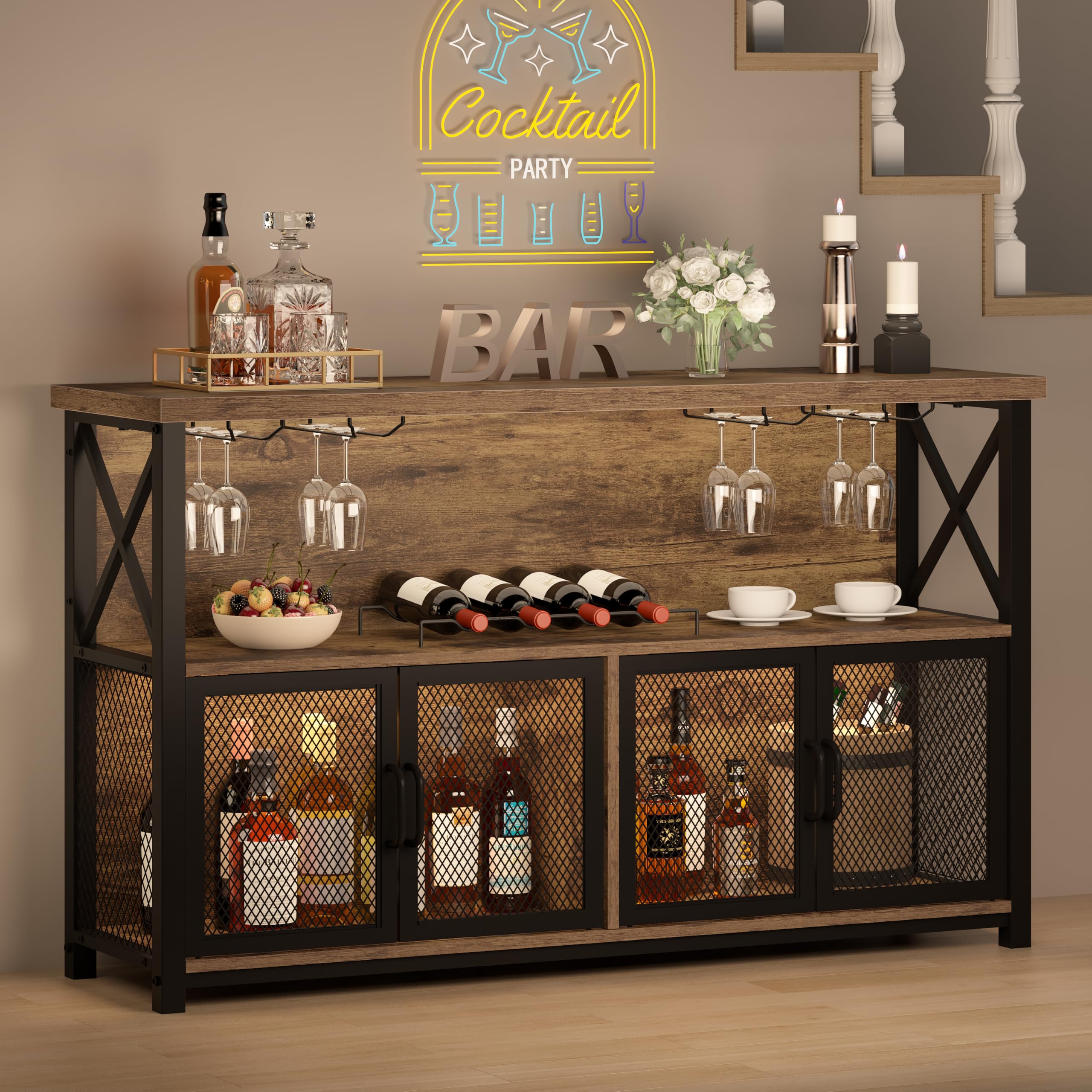 LVB Industrieller Kaffeebar-Schrank, Bauernhaus-Weinbarschrank für Likör und Gläser, Metall-Holz, Sideboard, Buffet, Likörschrank und Weinregal mit Stauraum für Zuhause, Esszimmer, Küche, rustikales