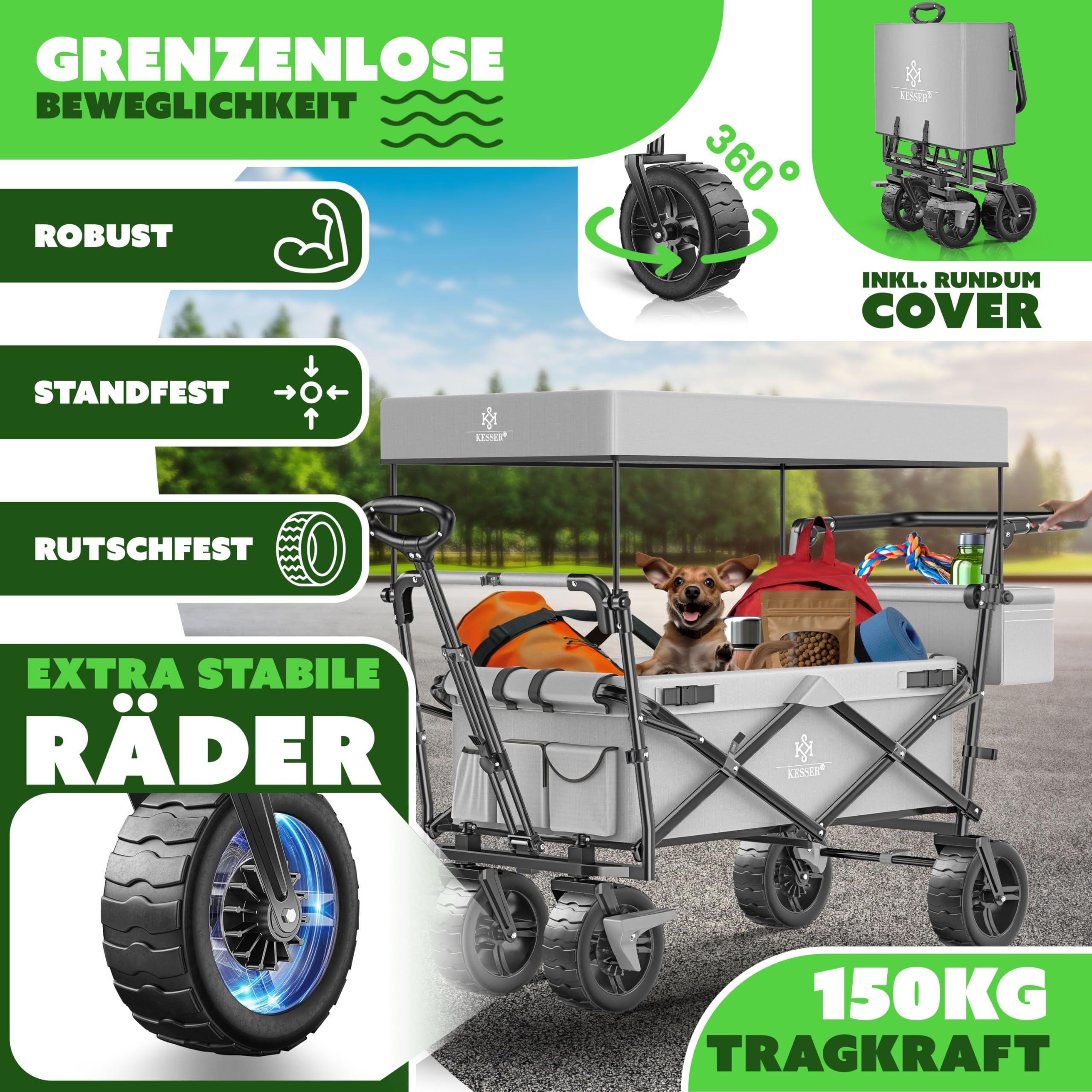KESSER® Bollerwagen faltbar GT9000 Handwagen mit Dach | Transportwagen max. belastbar bis 150kg mit Hartgummi-Räder & Feststellbremsen (Vorne & Hinten) | Inkl. Schloss, Abdeckung, Wetter & Sichtschutz