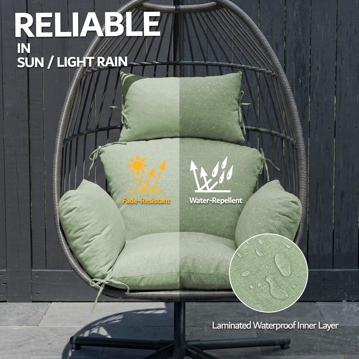 Egg Chair Cushion with 8 Securing Straps, Water-Repellent & Fade-Resistant Faux Linen, Removable Cover, Replacement Cushion for Most Single Outdoor Hanging Swing Egg Chairs – Sage Green