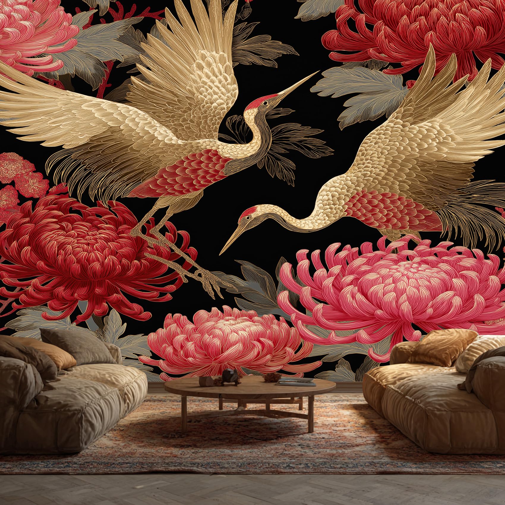 Crane Chrysanthemum Wallpaper - Japanese Oriental Wall Mural - Wall Murals for Living Room Bedroom - Photo Wallpaper & Home Decor Art - 250 x 175 cm A-6186