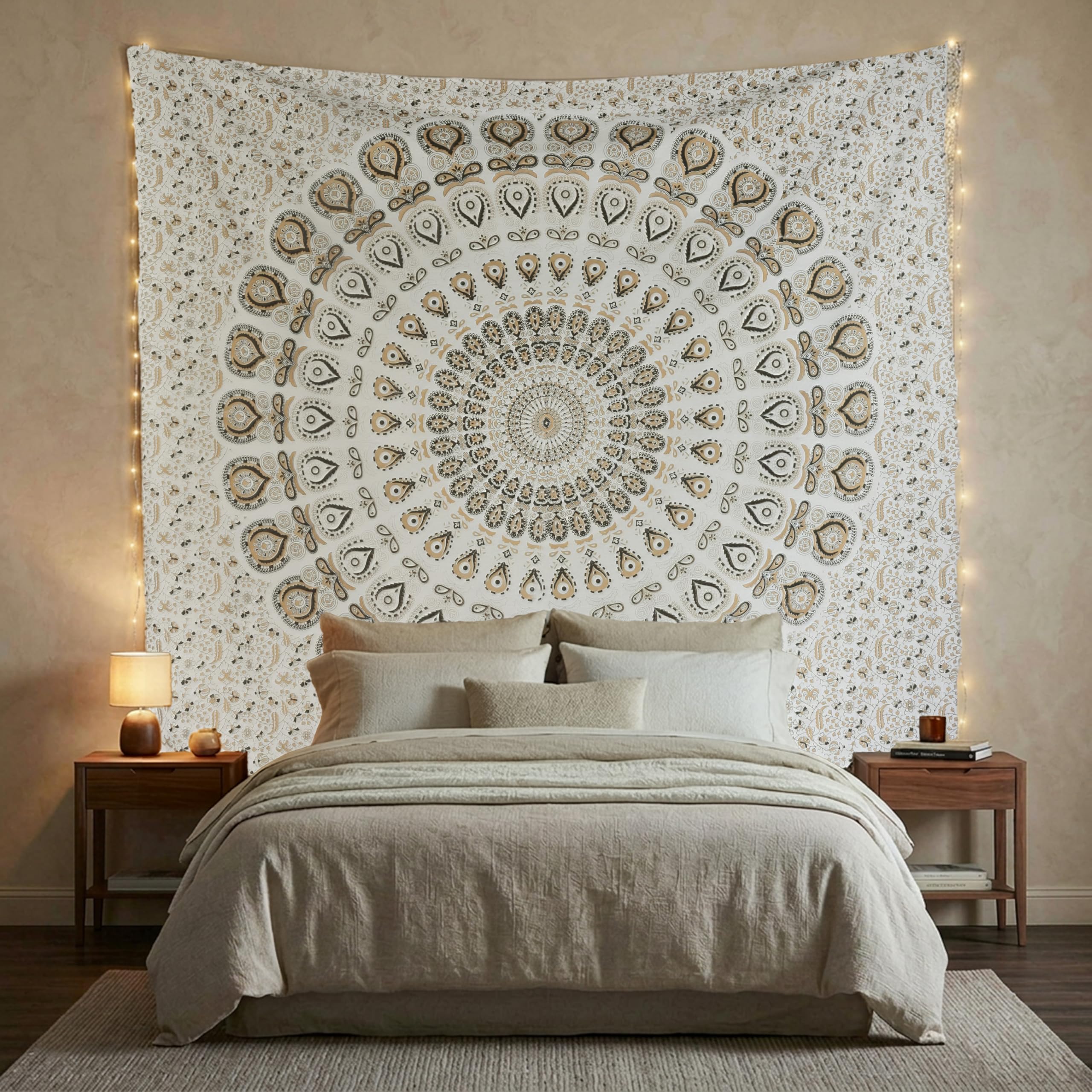 FURNISHFUL FINESSE Peacock Mandala Tapestry for Bedroom Living Room Décor, Cotton Boho Bohemian Wall Hanging Tapestries - 60x50 Inches, (White Gold)