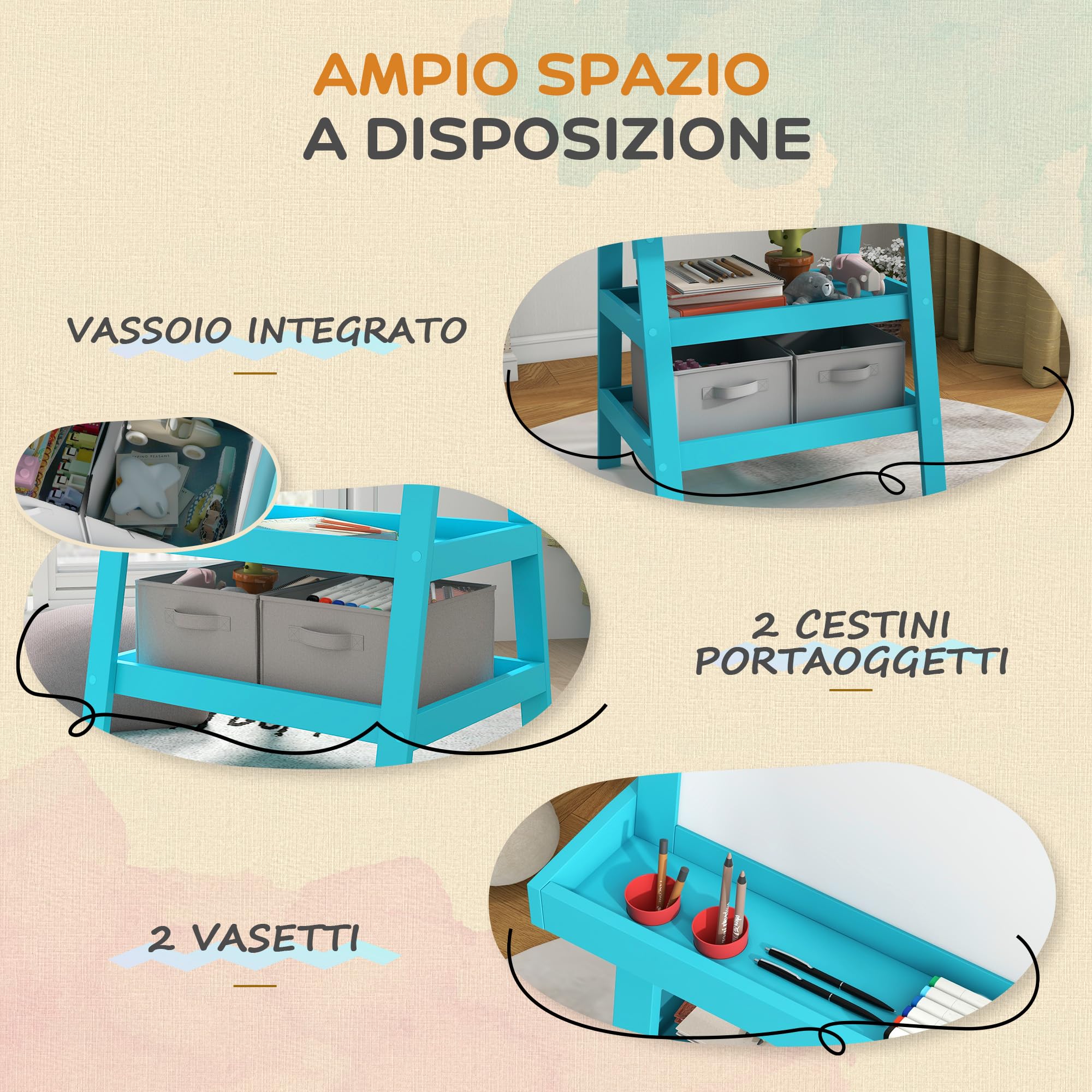 AIYAPLAY Lavagna per Bambini Cancellabile a Doppia Facciate con Rotolo di Carta e 2 Contenitori, Lavagna Magnetica Bianco, Nero con Cavalletto Artistico in Legno per Pittura e Regalo, 3-6 Anni, Blu
