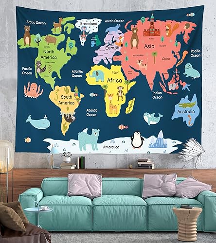 Miniatura 3 de BELECO Tapiz de mapa del mundo infantil para colgar en la pared, diseño de animales de dibujos animados, para dormitorio, sala de estar, dormitorio