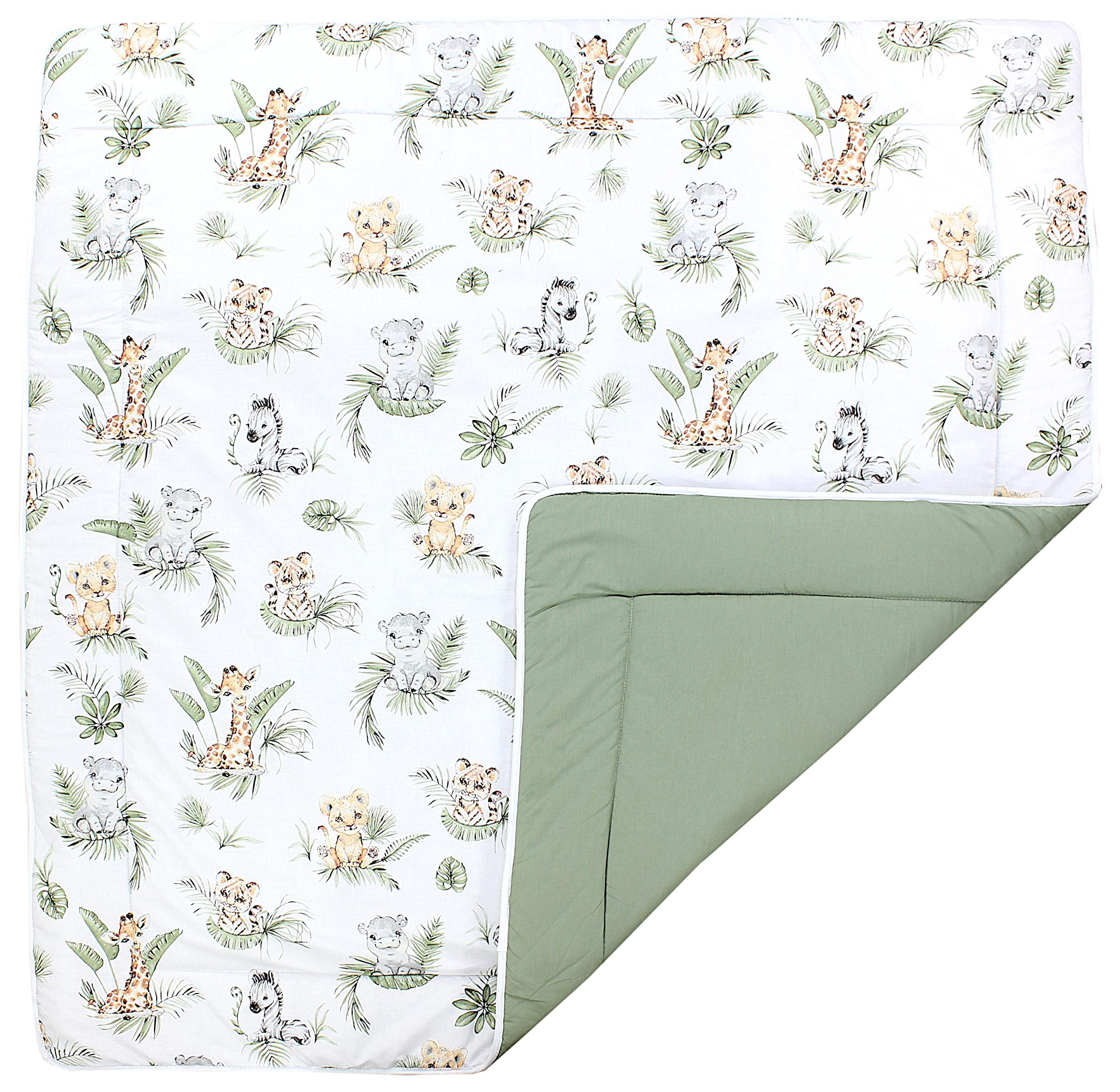 TupTam Krabbeldecke für Baby 120x120 cm - Gepolsterte Spieldecke Baby Baumwolle, XXL, OEKO-TEX, Weich & Hautfreundlich, Farbe: Safari/Löwe/Braun/Blätter/Grün