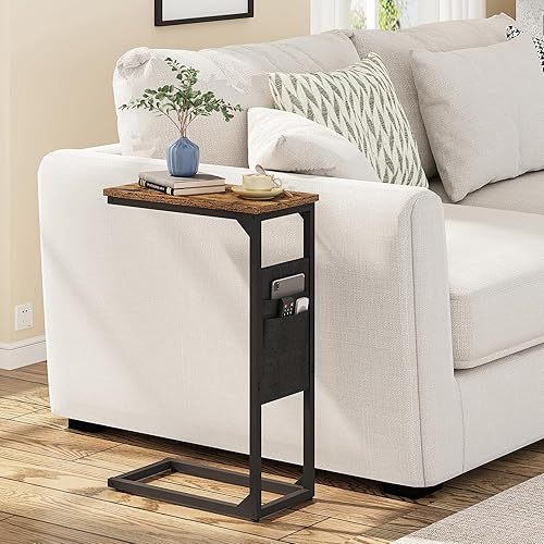 Miniatura 4 de TUTOTAK C Shaped End Table, Side Table for Couch, Sofa Table with Storage Bag, TV Tray for Living Room, Bedroom, Brown TB01BB082 Marrón,Negro