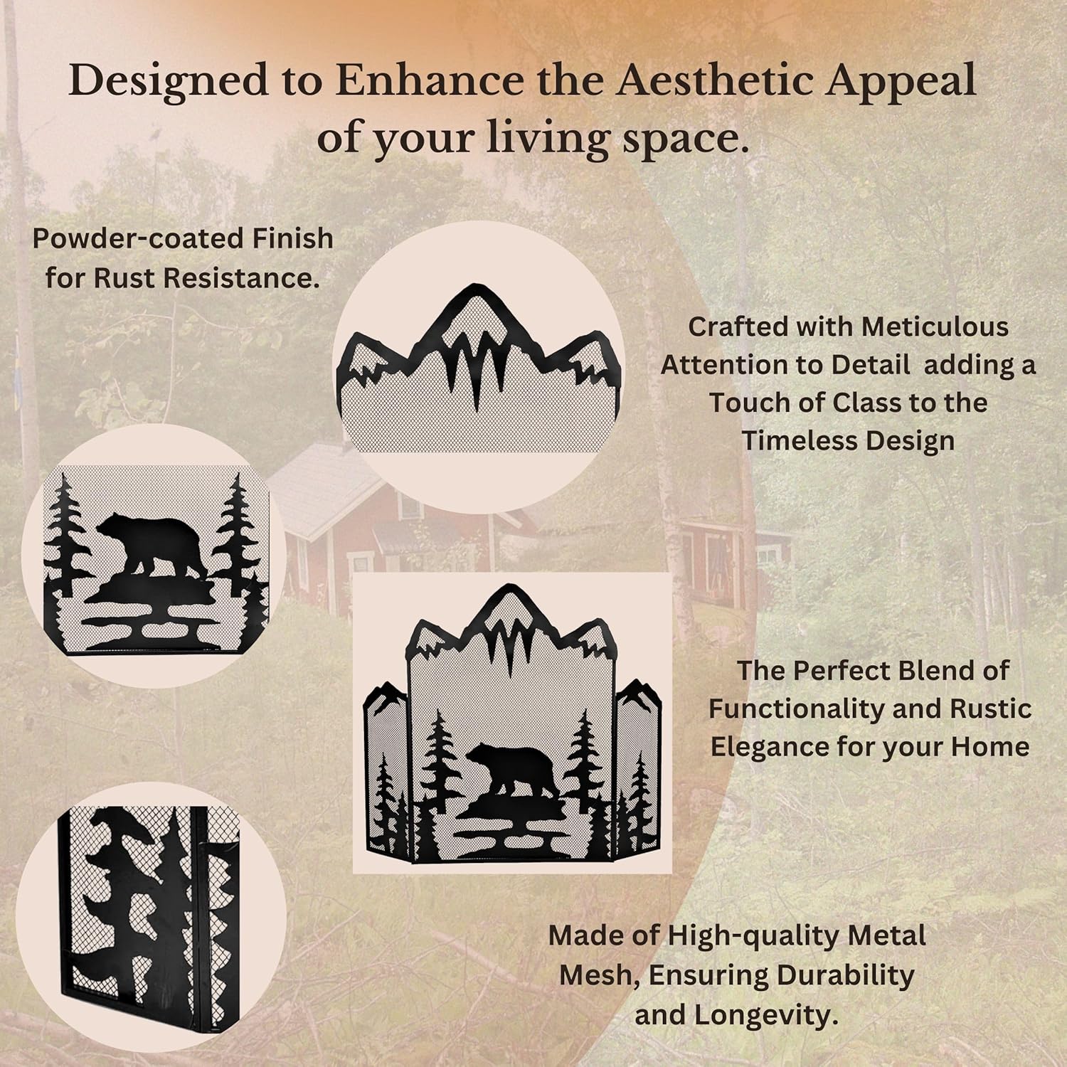 BestGiftEver 3-Panel Fireplace Screen Decorative with a Majestic Mountain Bear - Stand Alone Fireplace Cover Metal Mesh Screen - Home Decorative Firescreen for Cabin, Wildlife, and Woodland Theme