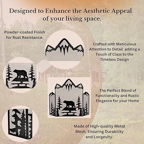 Miniatura 3 de BestGiftEver Pantalla decorativa para chimenea de 3 paneles con un majestuoso oso de montaña, cubierta de chimenea independiente de malla metálica,