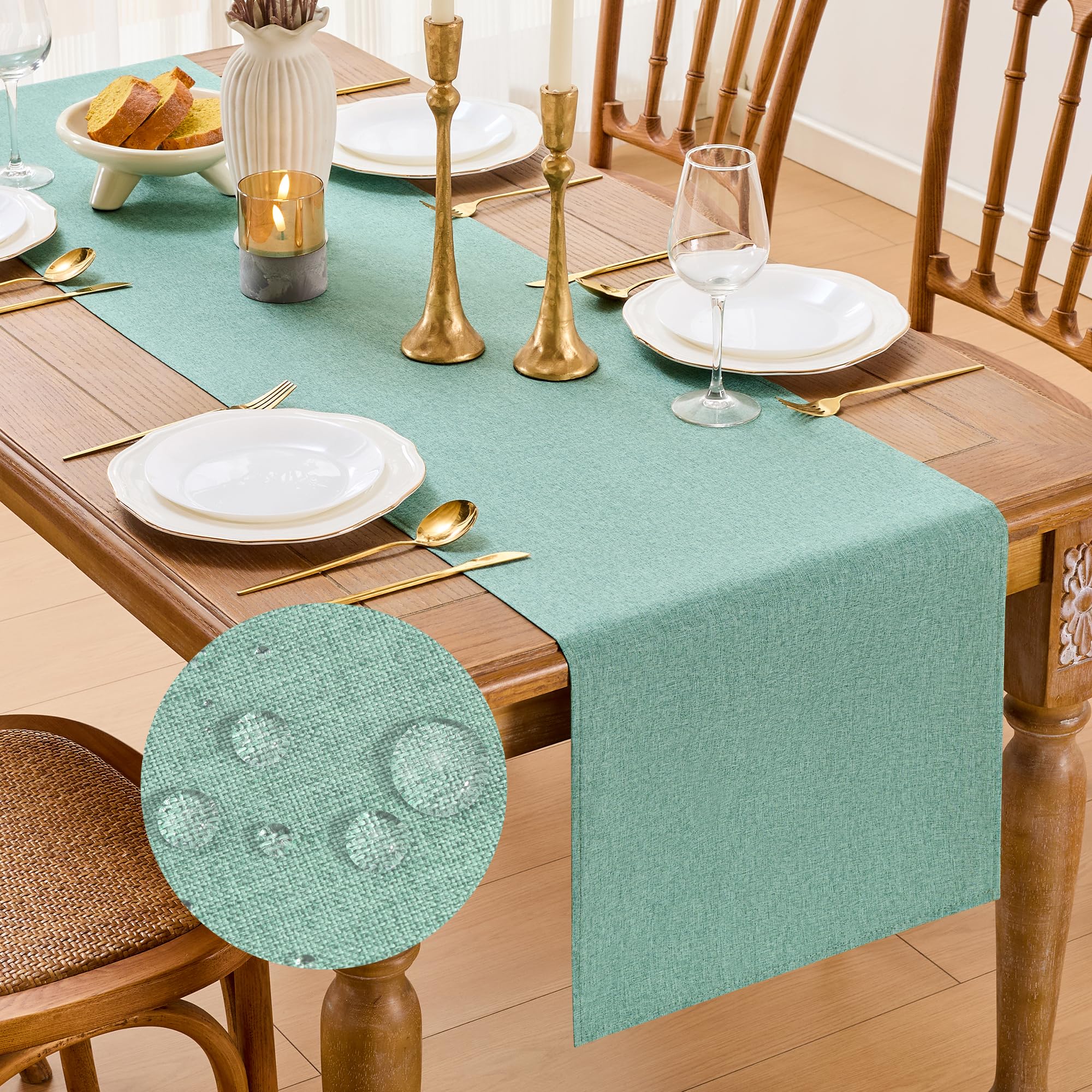 MAIBAOTA Sage Green Table Runner 40 x 240 cm, Waterproof Linen Table Runner for Dining Tables, Garden Parties, Family Gatherings & Home Decor, Sunday Roasts, Machine Washable Table Runner