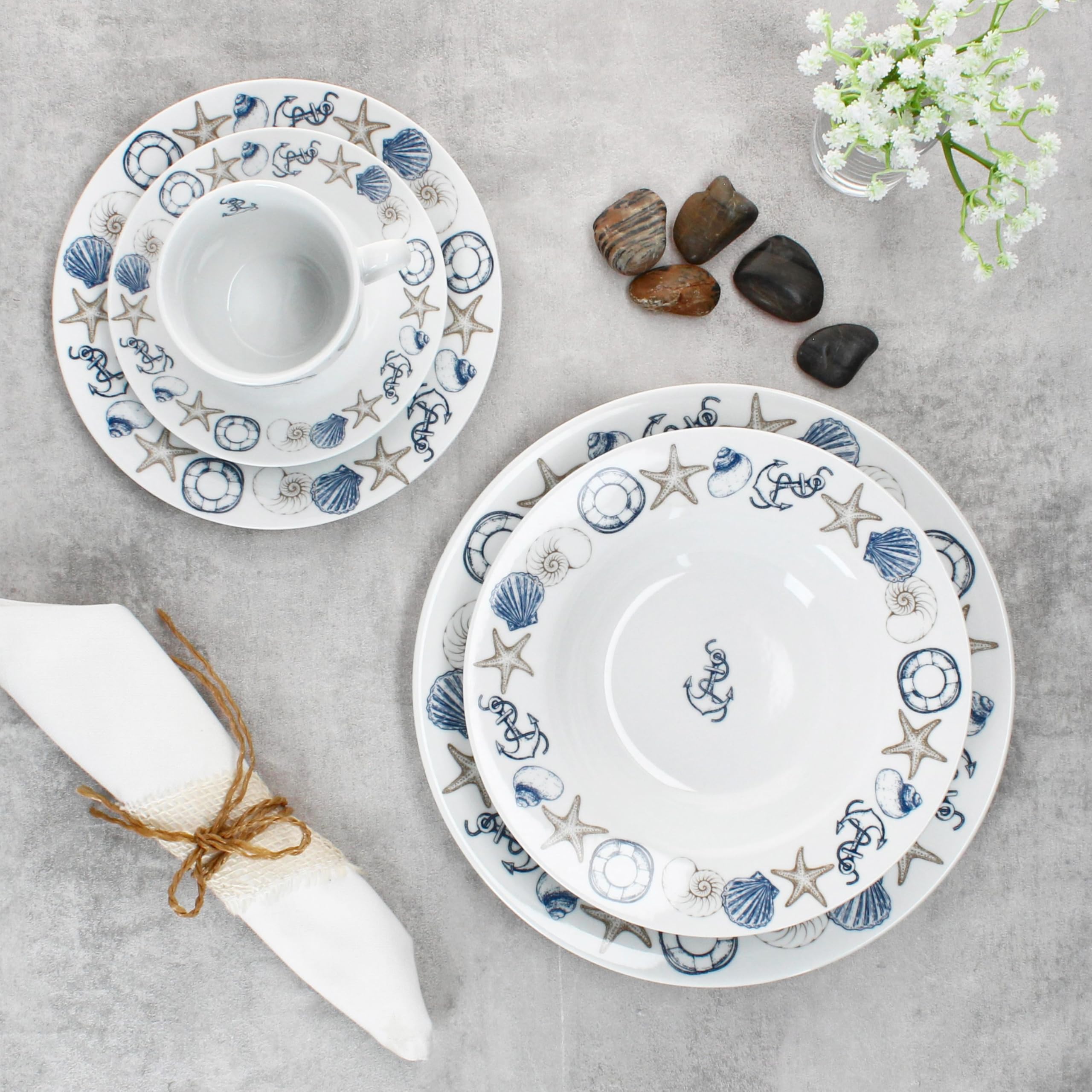 MamboCat Neptun 30tlg Kombiservice I Porzellan Geschirrset mit maritimen Motiven Anker, Muschel & Co für 6 Personen I je 6X Tassen, Untertassen, Kuchen-, Suppen- & Speiseteller