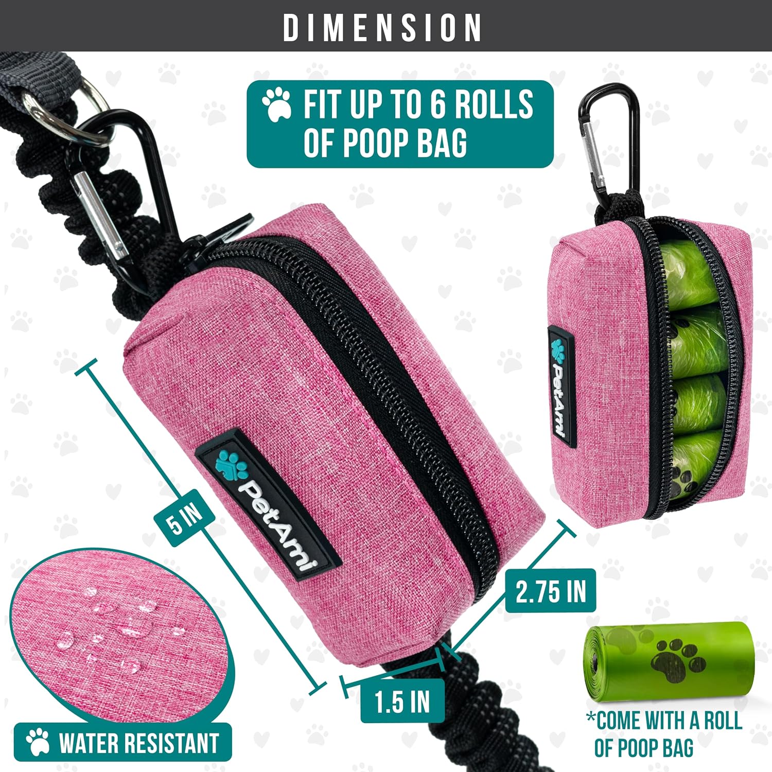 PetAmi Dog Poop Bag Holder & Waste Bag Dispenser with Clip-On Pouch Includes 1 Roll of Pet Waste Bags Portable Dog Walking Accessories for Leash, Belt or Backpack, Pink image 5