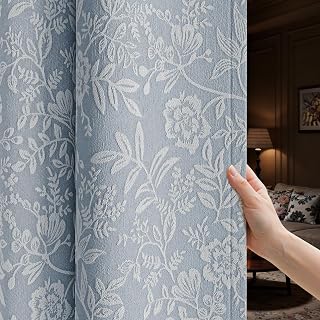Floral Jacquard Blackout Curtains 72 Inches Long - Chenille Easy Install Grommet Drapes to Improve Sleep Quality, Bedroom Living Room Set of 2 Panels (52" W x 72" L), Blue