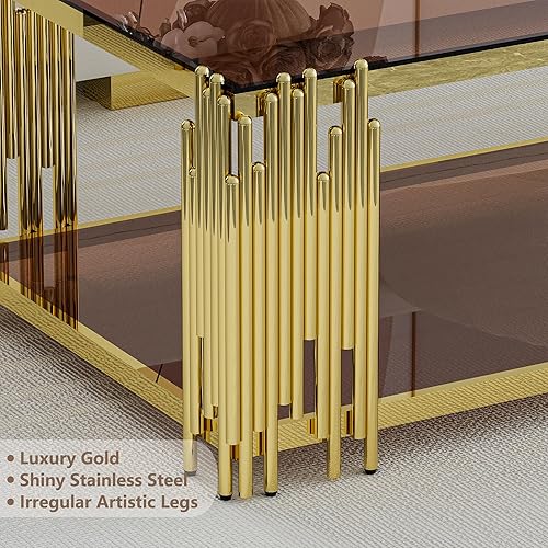 Miniatura 5 de Juego de 3 mesas auxiliares doradas de lujo de 43 pulgadas con parte superior de vidrio marrón, mesa auxiliar moderna para sala de estar con patas