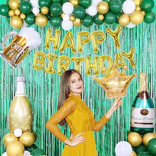Miniatura 5 de Decoraciones de fiesta de cumpleaños verde y dorado para hombres mujeres y niñas 145 piezas de suministros de fiesta de cumpleaños kit de guirnalda