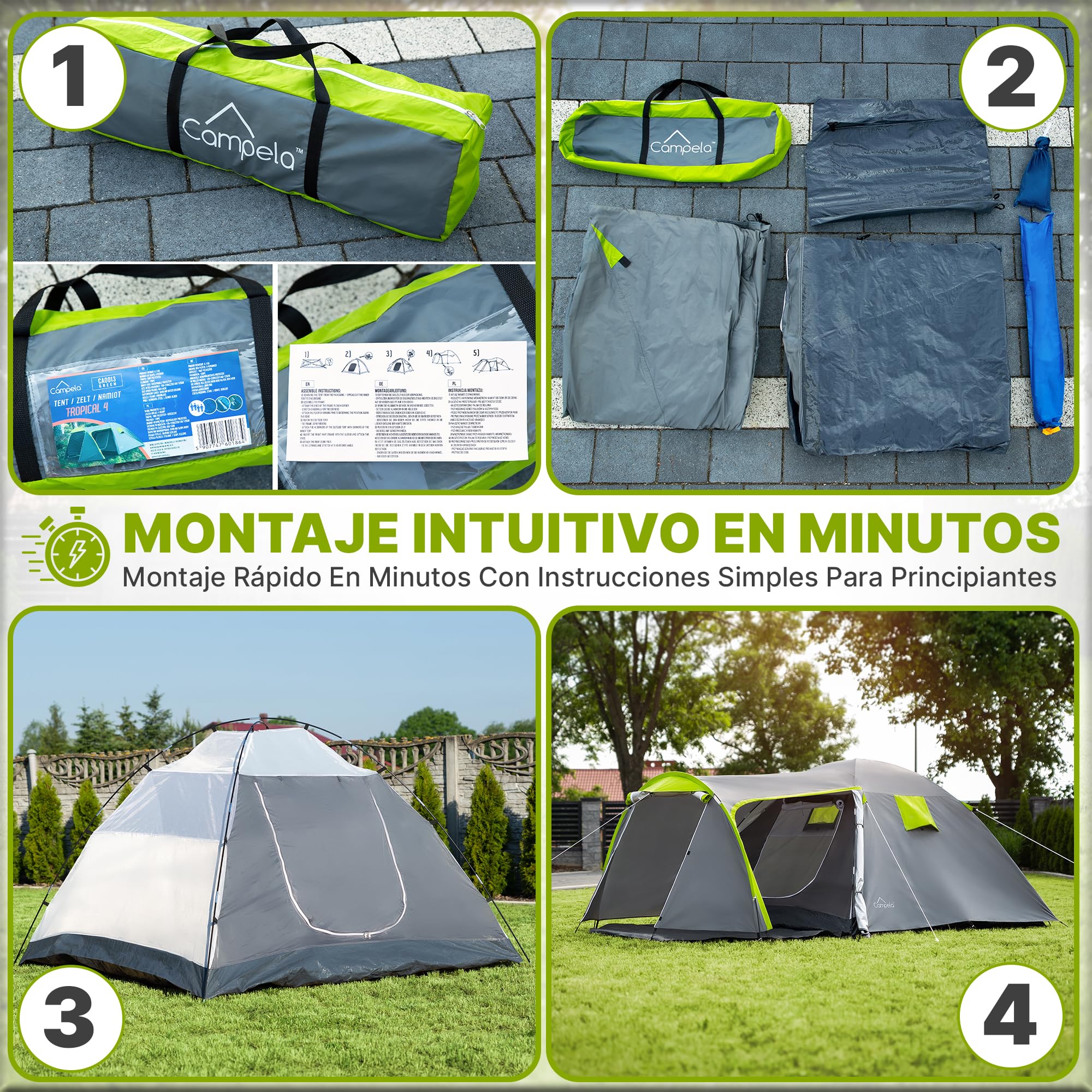 Tienda de Campaña, Tienda campaña Familiar - Tienda de campaña 4 Personas, Modelo Tropical-4", Impermeable 3000m, Costuras Selladas, CA0013