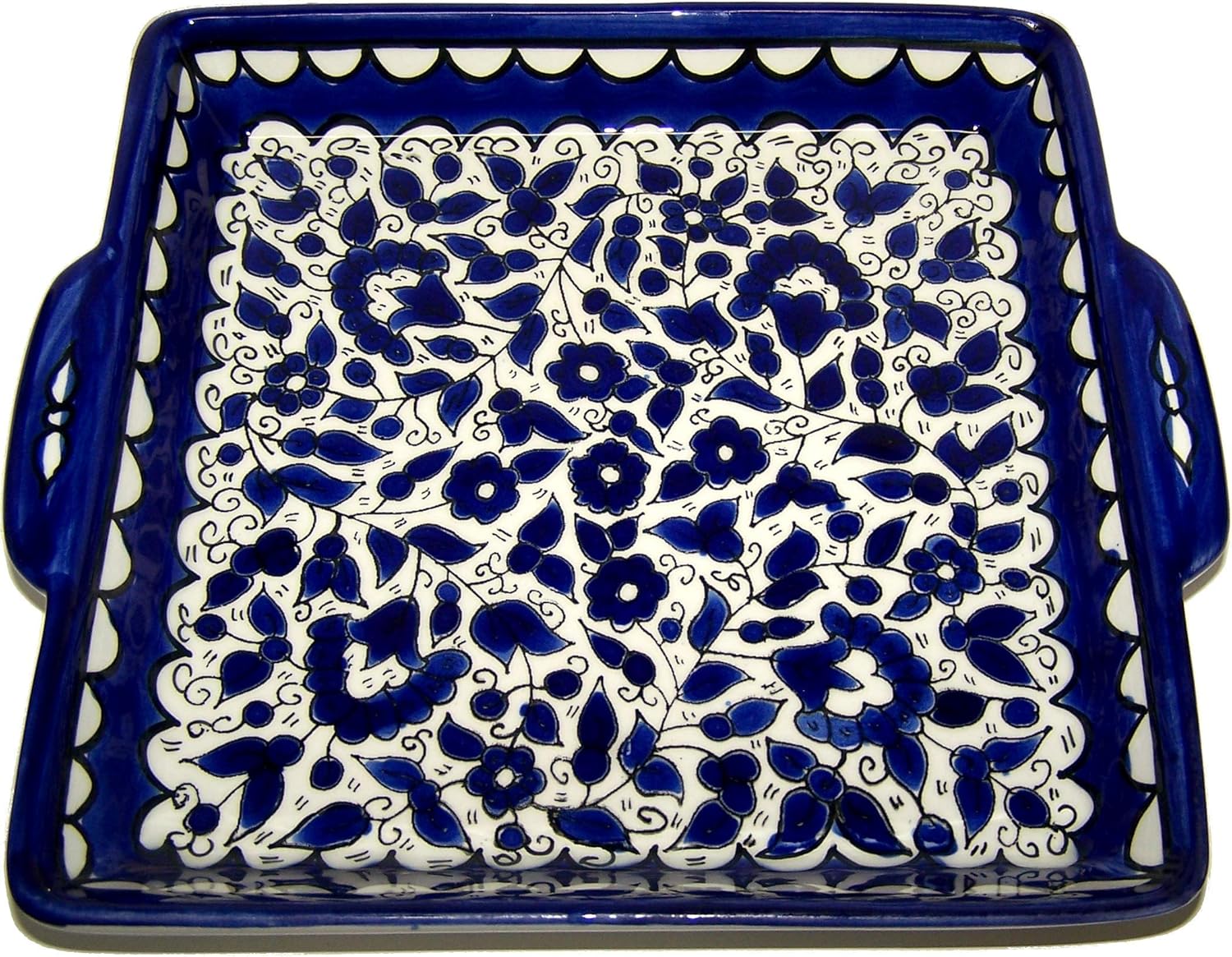Holy Land Market Armenian Ceramic Blue Jerusalem Flowers square bread Plate - 9.5 Inches - Asfour Outlet Trademark