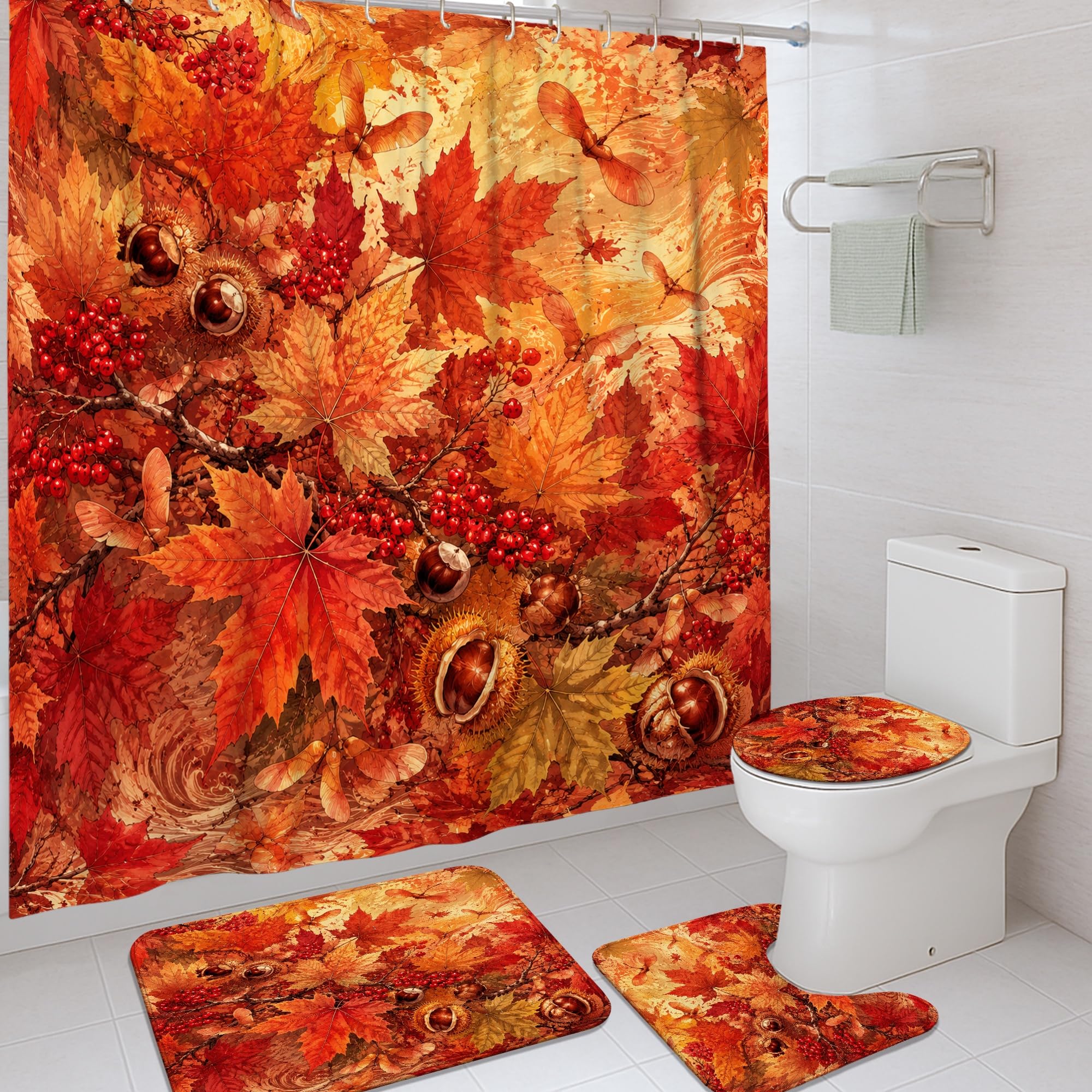 Rideau de douche orange 183x183 cm déco baies d'automne