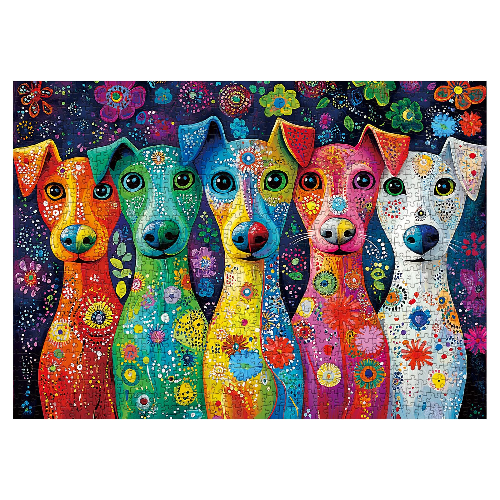 Colorful Dog Painting Jigsaw Puzzle 1000 Piece for Adult, Art Puppy Beautiful Flower Jigsaw Puzzles, Funny Animal Aesthetic Puzzle