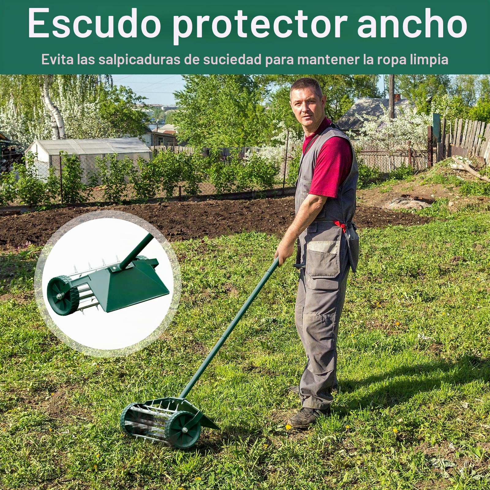 GOPLUS Aireador manual para césped con clavos de 3 cm y escudo protector ancho, aireador manual para jardín, patio, terraza, 46 x 23 x 127 cm