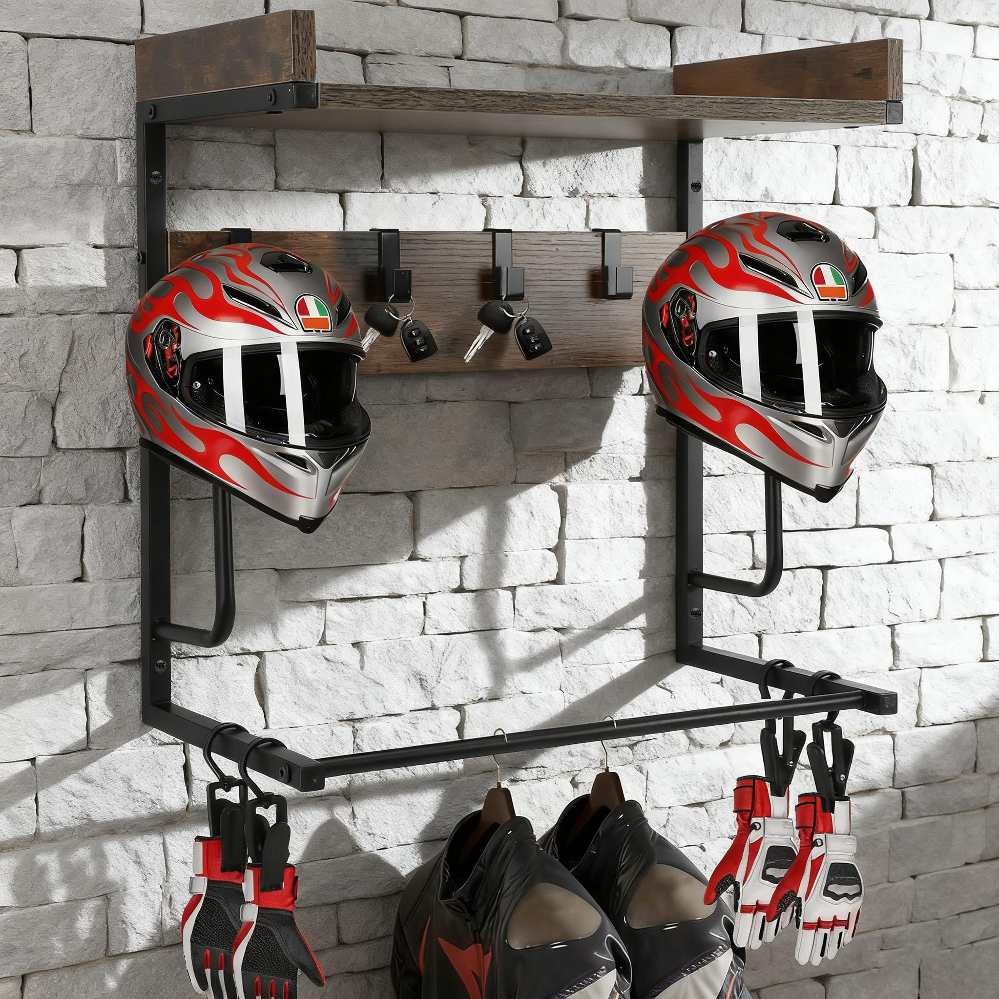 Support Casque Moto, Porte Casque Moto Mural avec 4 Clips à Gants et 4 Crochets, Support Mural pour Ranger Vos Accessoires de Moto, Football, Rugby, Équipement d'Autres Sports
