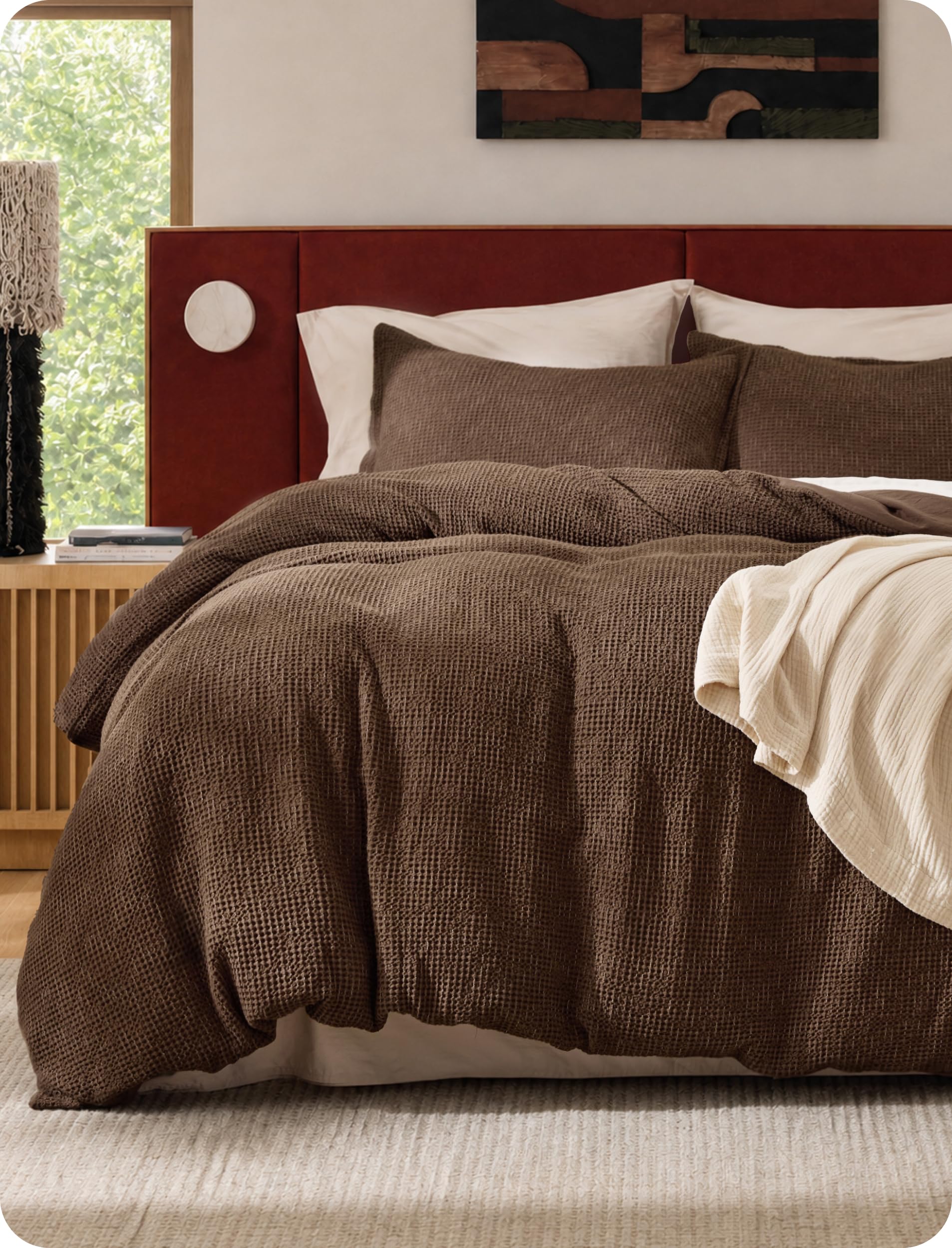 Bedsure PureWoven Space-Dyed Cotton Waffle Duvet Cover Set, Queen, Brown