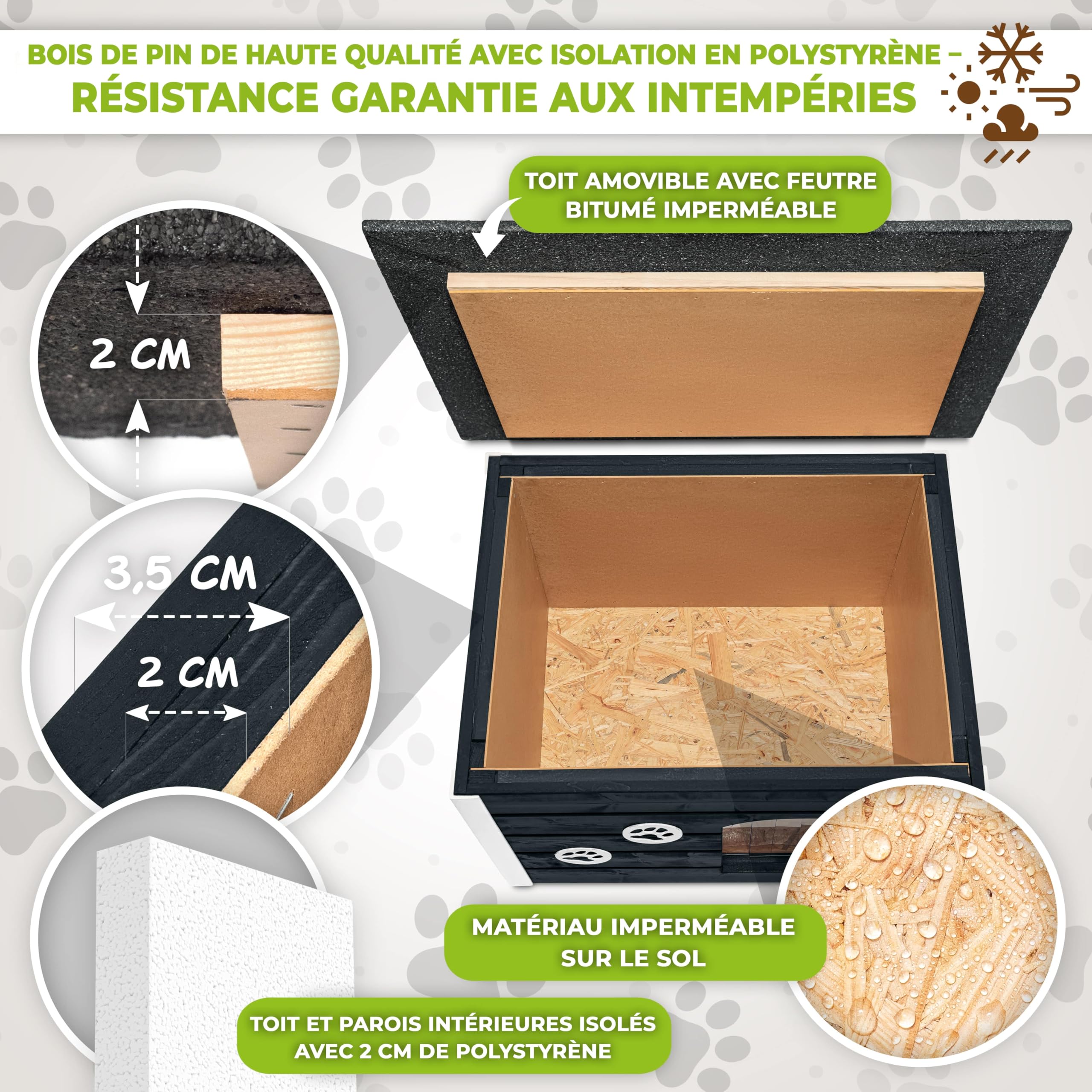 Outentin Niche pour Chien en Bois Isolée XL – Grande Maison Chien Extérieur Hiver – Refuge pour Chiens Jardin avec Toit Ouvrant – Niche Extérieure pour Grand Chiens en Bois FSC – 105 x 71 x 64 cm,Gris