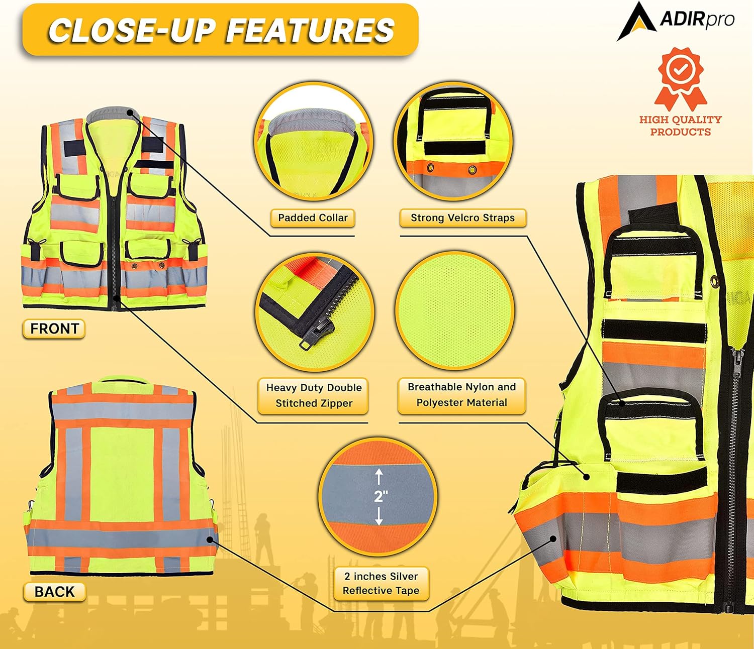 AdirPro Surveyor Safety Vest with Pockets - High visibility Reflective Construction Vest - Image 2