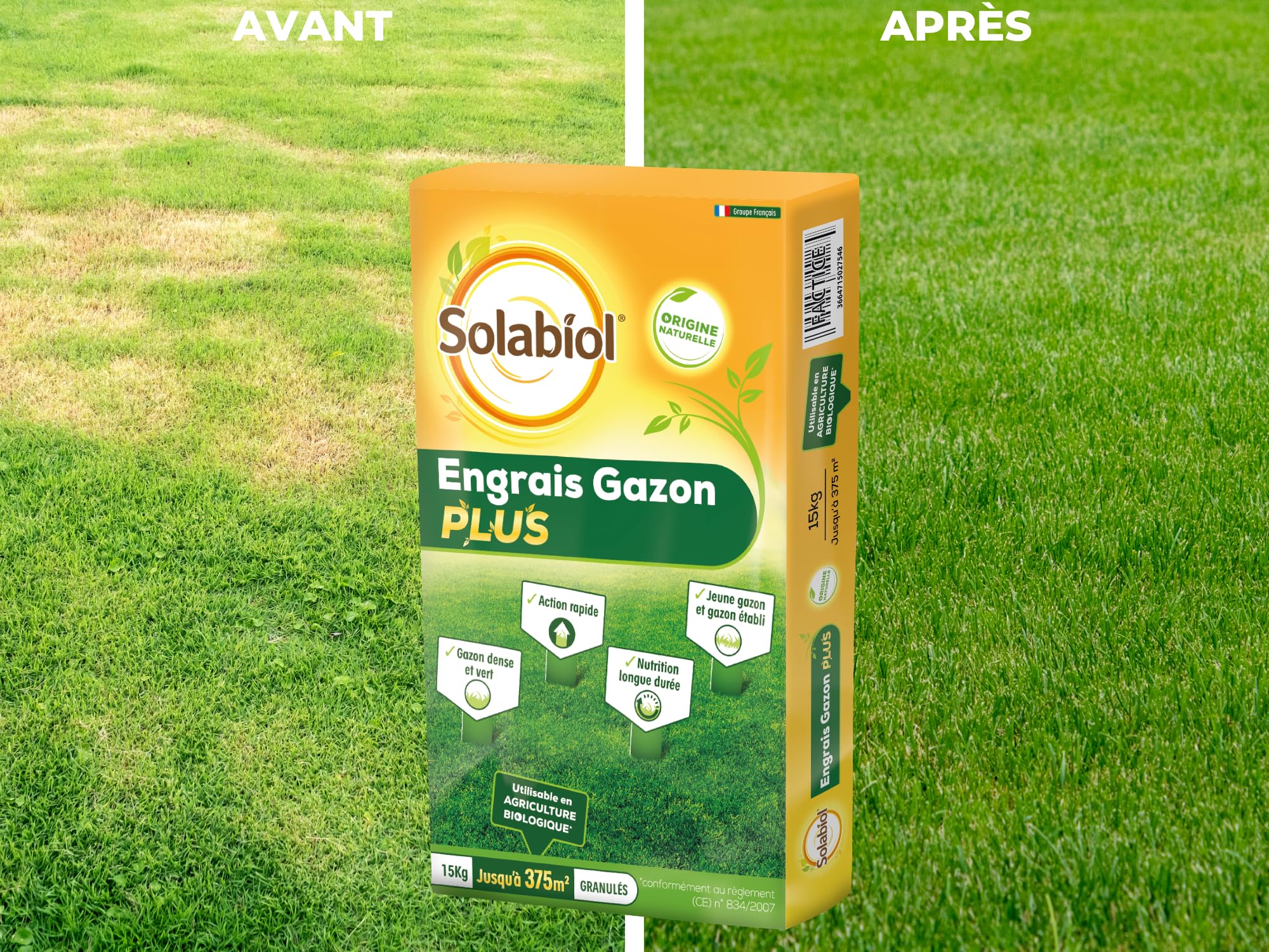 SOLABIOL Engrais Gazon Plus 15 kg Granulés Jusqu'à 375m² Nutrition Longue Durée