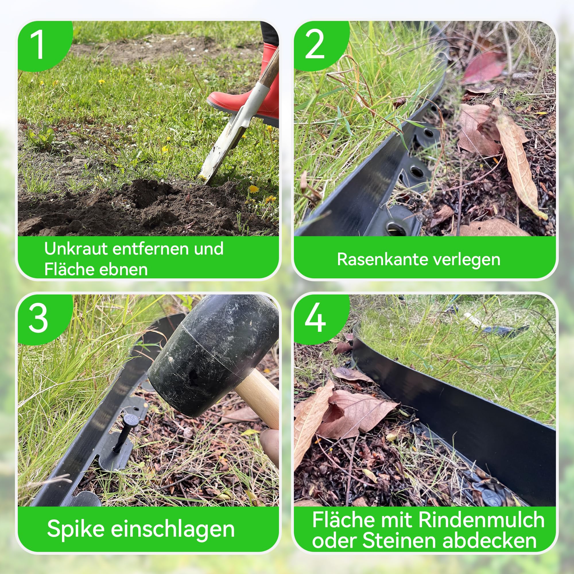 10cm Hoch 12m Kein-Graben Rasenkante mit 60 Stück 20cm Kunststoff Erdanker & 4 Verbindungsstücke – Garten Rasenkanten-Set mit Schere für Landschaftsbau, Rasen, Blumenbeete und Garten