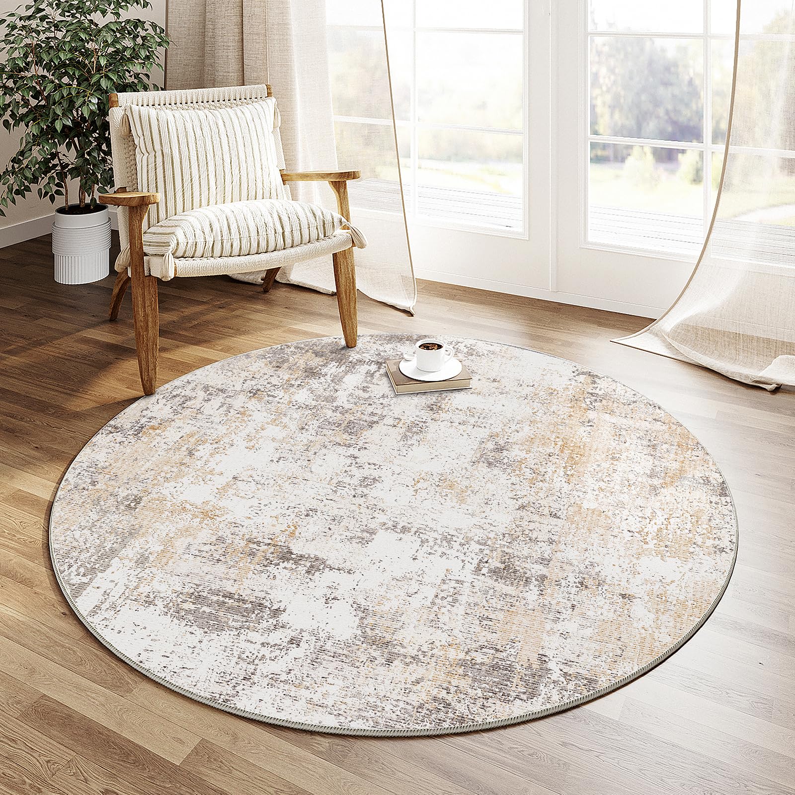 WondRg 3x3 Washable Round Rug Beige Grey Abstract Non Slip Soft Low Pile Circle Rug for Dining Room Office Entryway Neutral Modern Indoor Carpet for