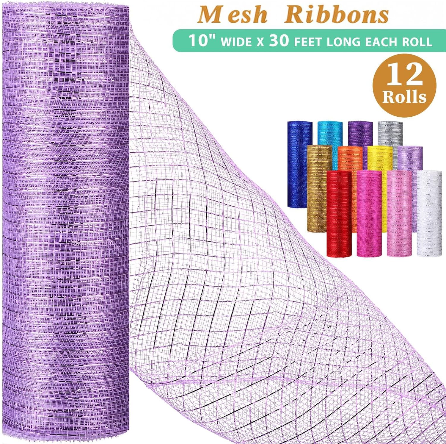 Timgle 12 Rolls 10 Inch Deco Mesh Rolls Ribbon for Wreath Making 30 Feet Poly Metallic Foil Deco Mesh Ribbons for Home Door Summer DIY Christmas Easter Crafts Wreaths Decorating(Modern Color,10 Inch)