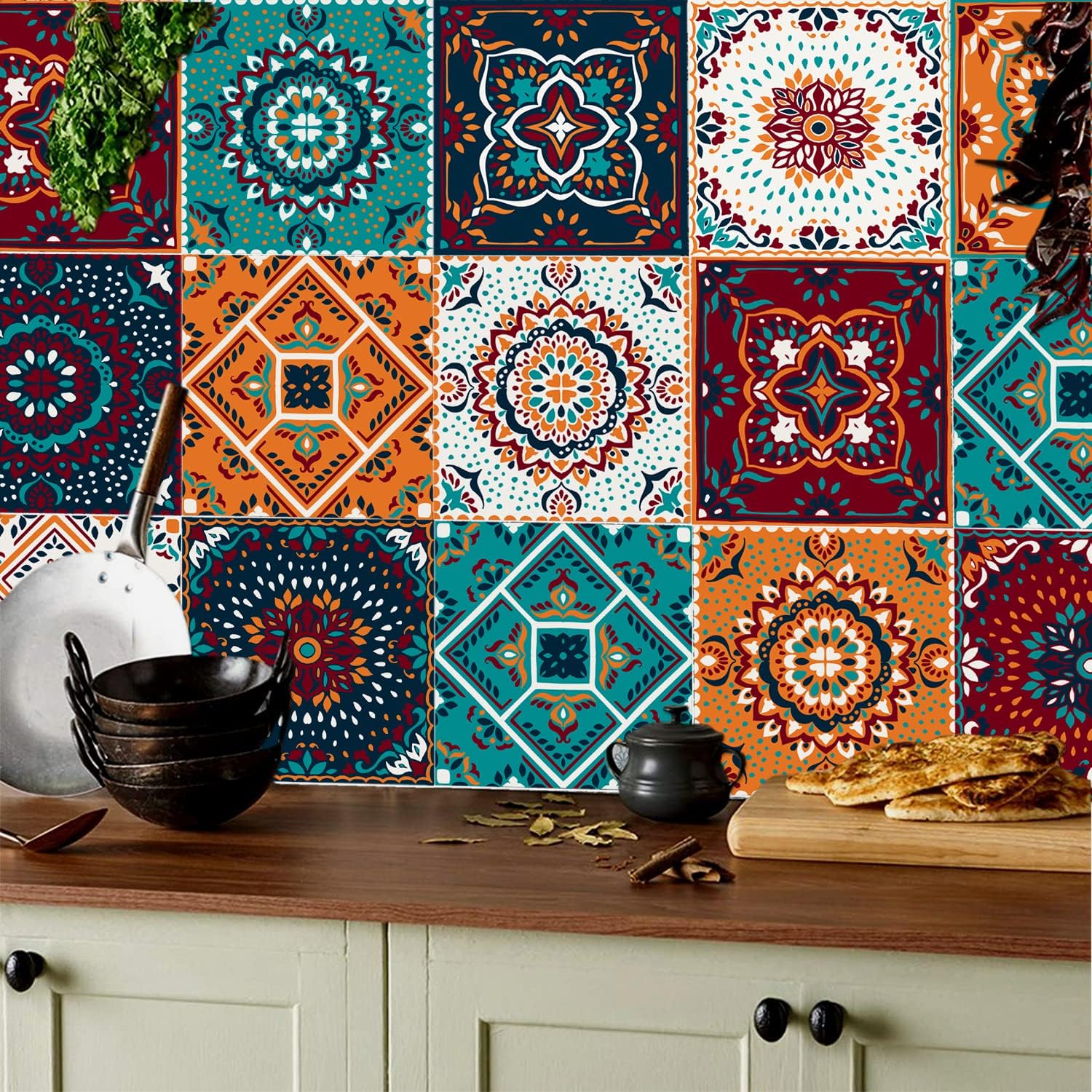 24pcs Vintage Wall Tile Decal Stickers,Waterproof Tile Decal Stickers 15x15cm Moroccan Mosaic Style Tile Stickers Peel and Stick Backsplash Kitchen Decal Vinyl Home Tile Decor DIY Kitchen Bathroom